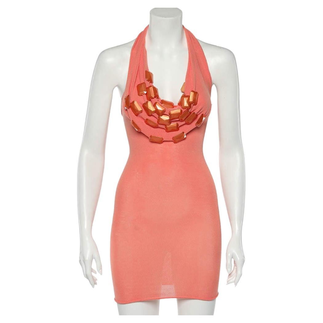 Emporio Armani Orange Knit Embellished Detail Halter Neck Mini Dress S For Sale