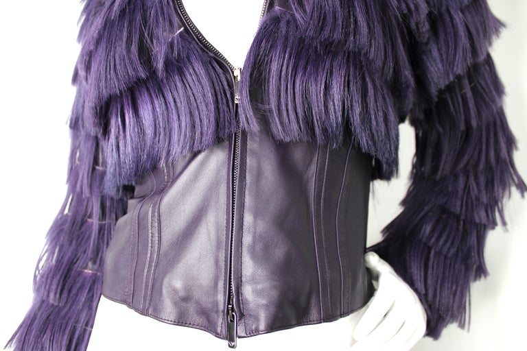 Emporio Armani Purple Faux Leather Kidassia Goat Fur Jacket circa