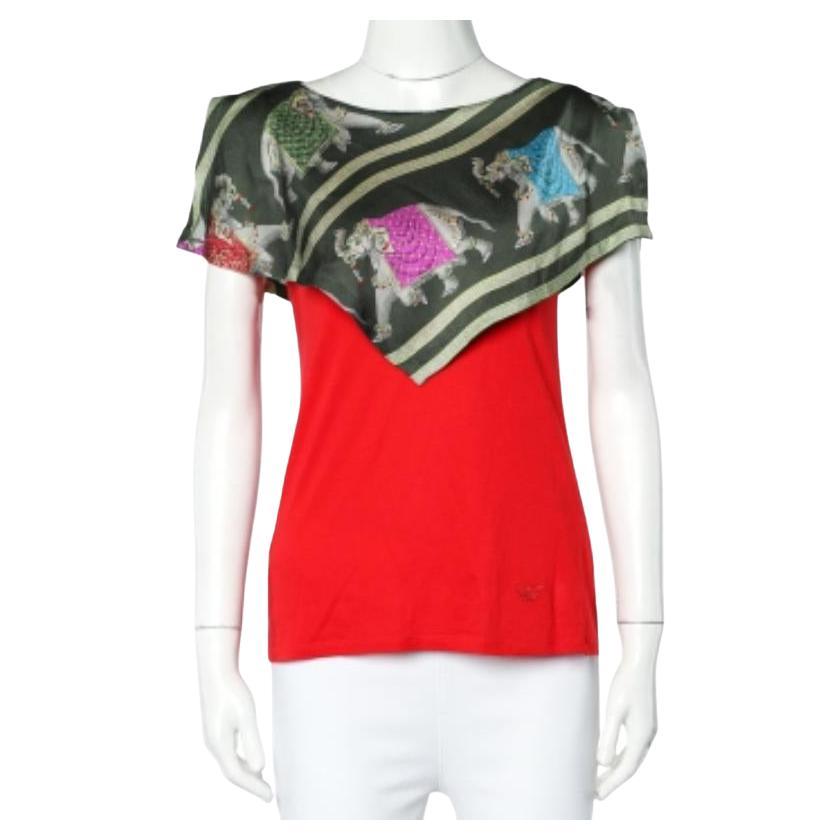 Emporio Armani Red Jersey Playful Elephant Print Silk Paneled Top S