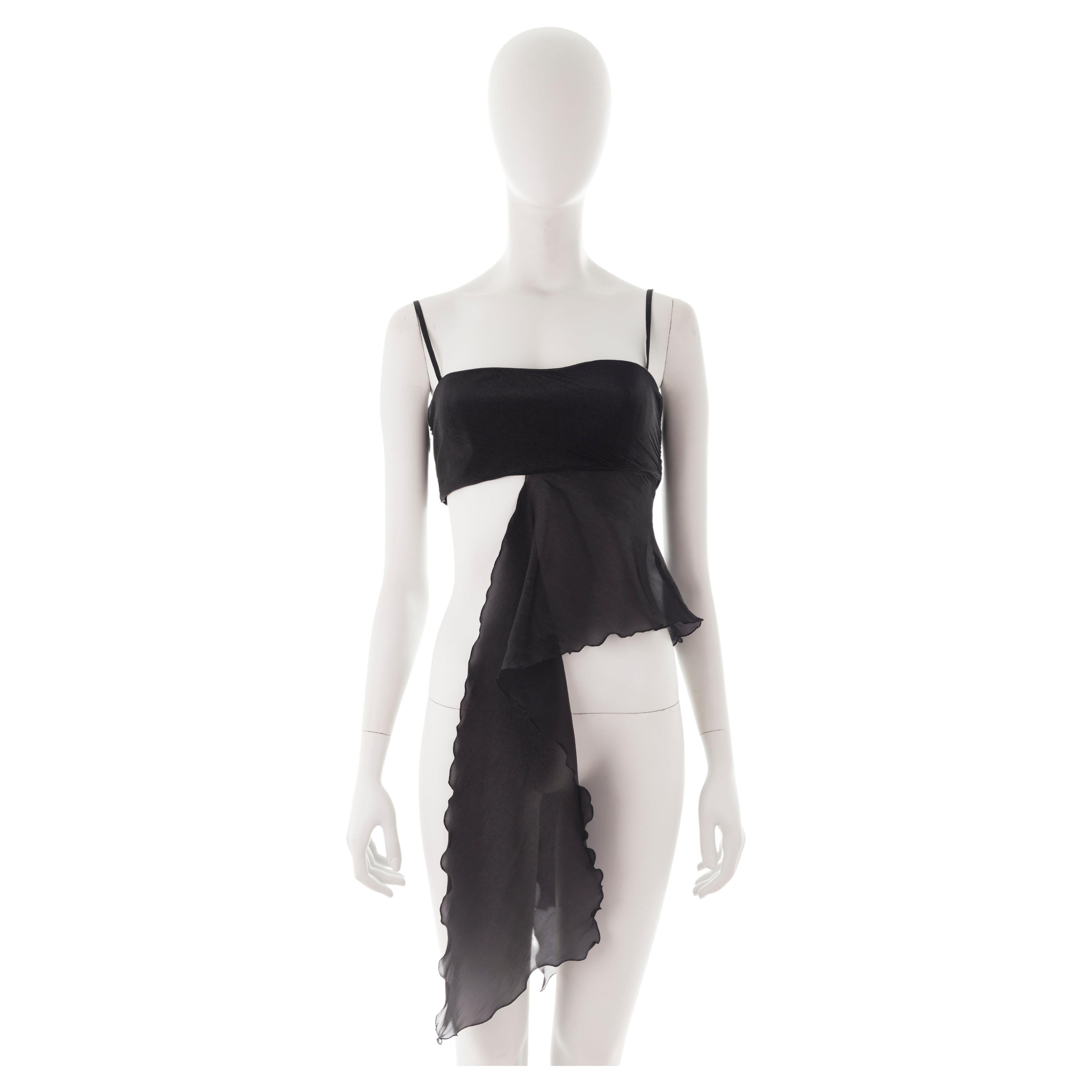 - Emporio Armani by Giorgio Armani
- Sold by Gold Palms Vintage
- Spring/Summer 2001 
- Silk black tube top 
- Spaghetti straps
- Black silk chiffon back and front maxi ruffle 
- Side zipper with hook
- Size 40
