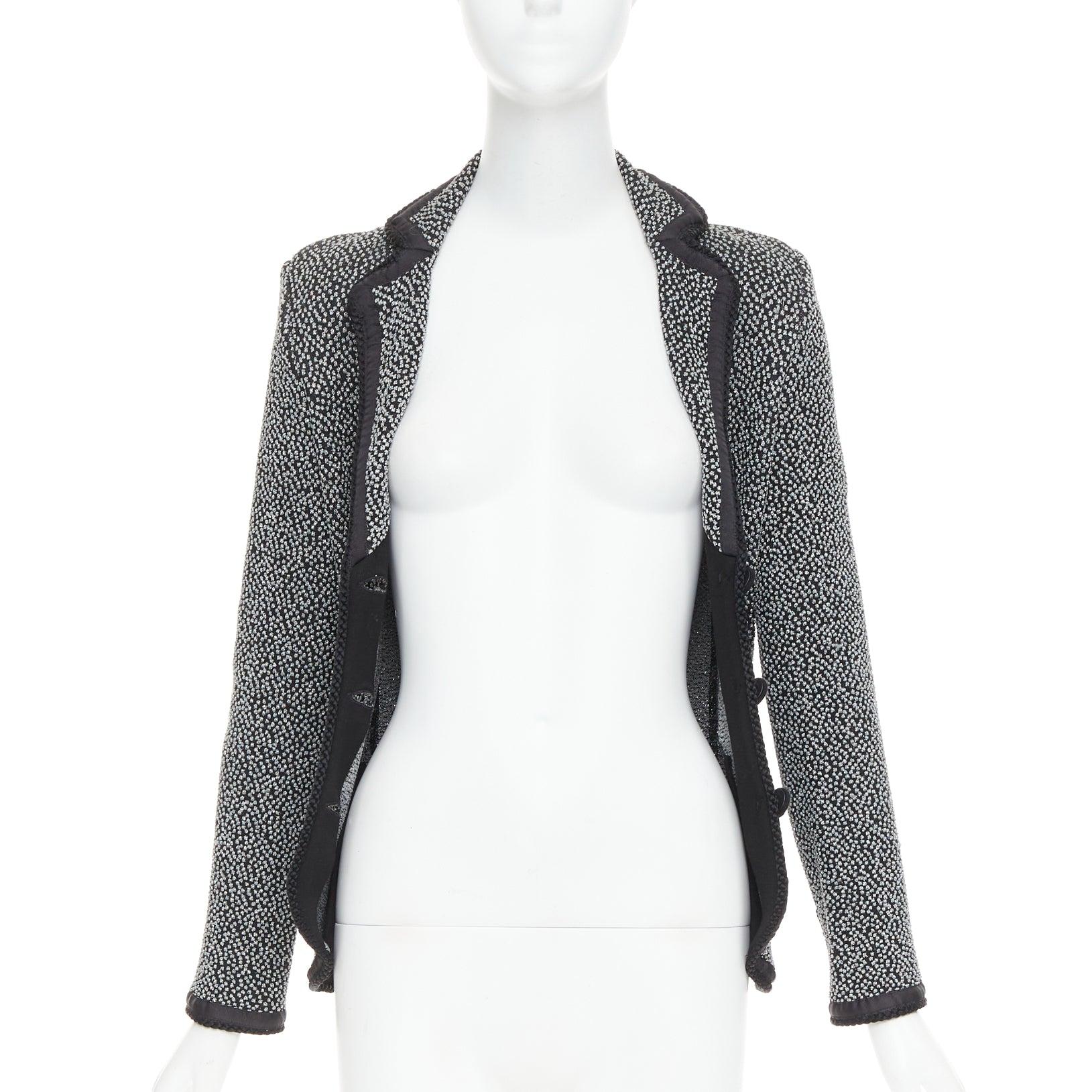 Black EMPORIO ARMANI silver lurex boucle applique black trim knit blazer IT40 S For Sale