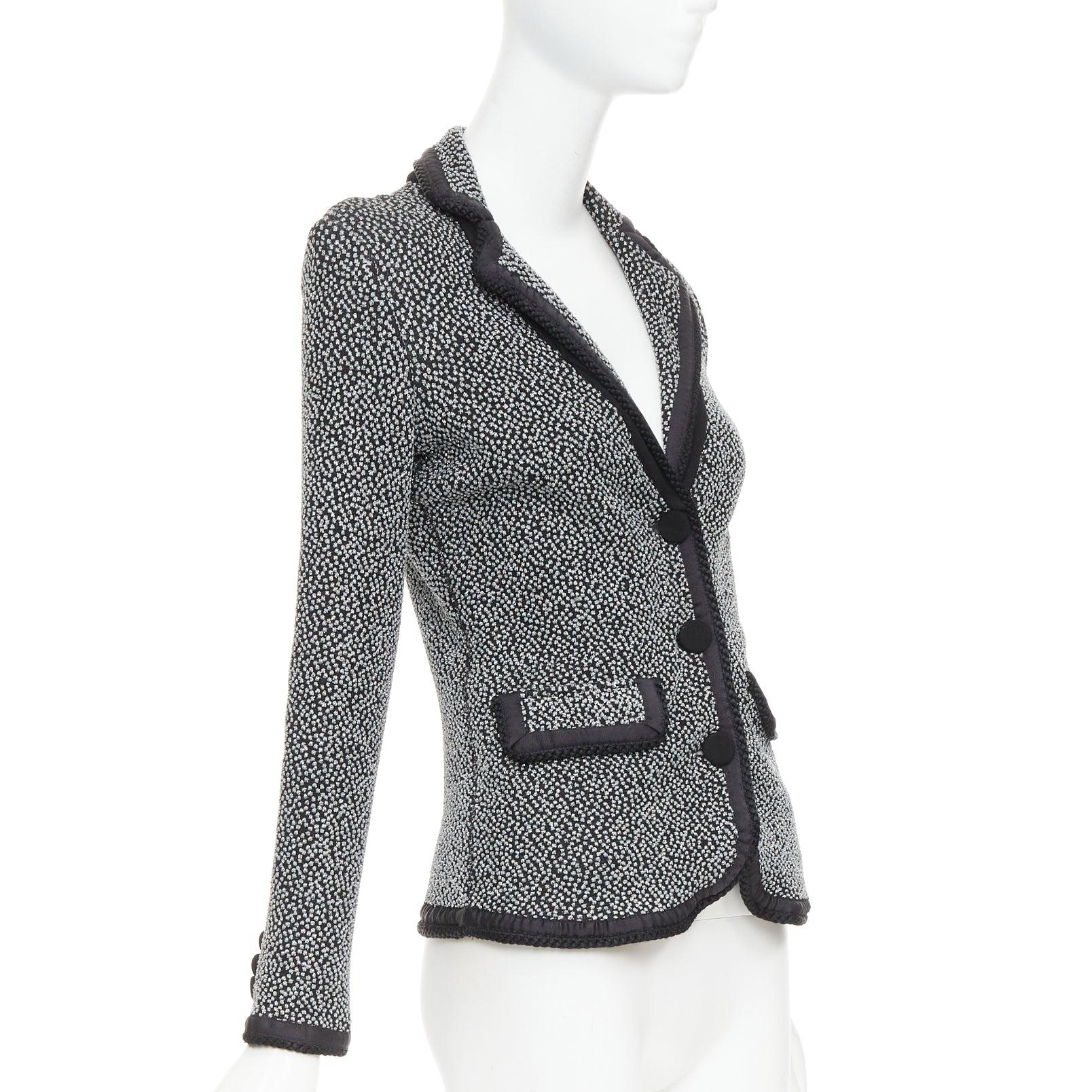 EMPORIO ARMANI silver lurex boucle applique black trim knit blazer IT40 S In Excellent Condition For Sale In Hong Kong, NT