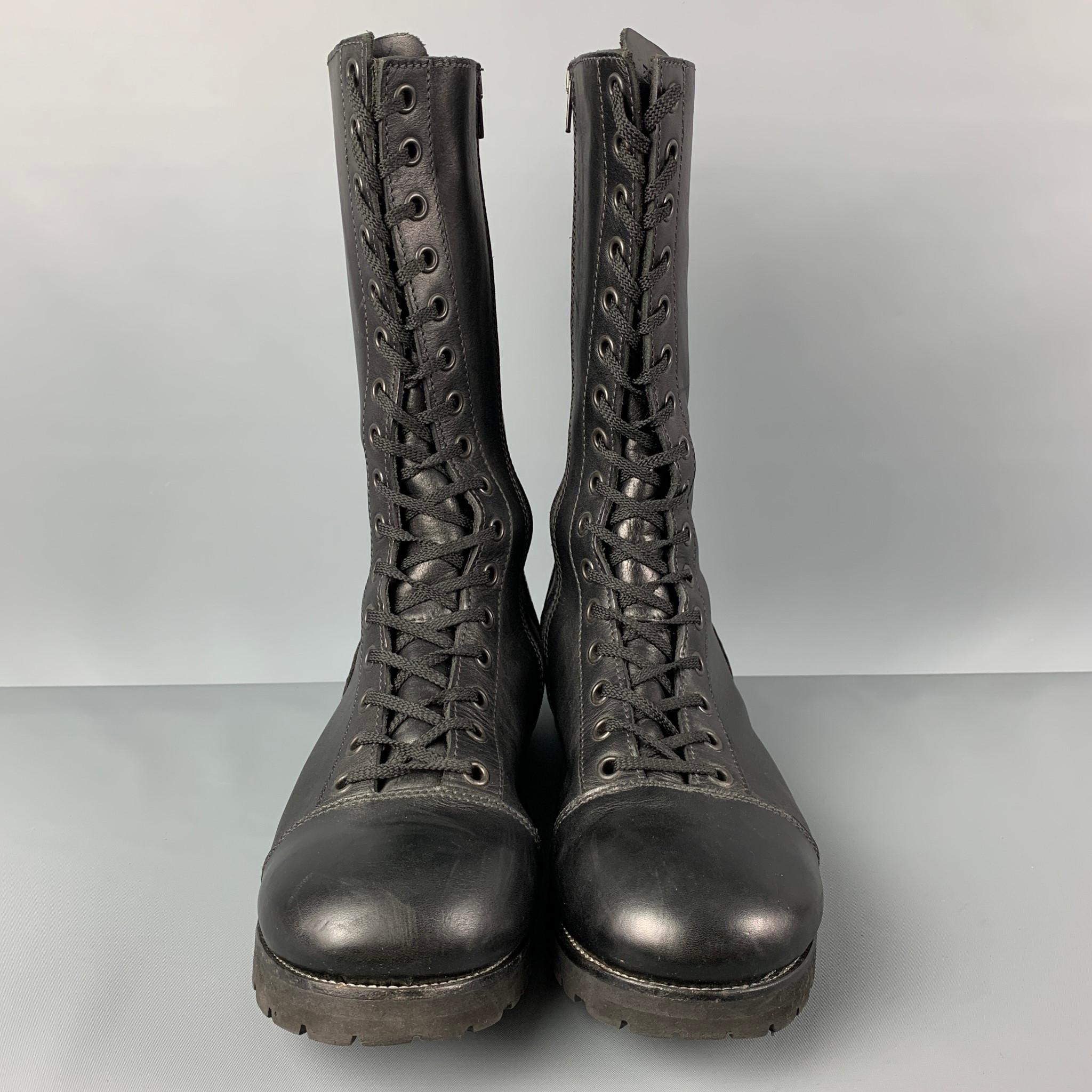 EMPORIO ARMANI Size 12 Black Leather Lace Up Combat Boots In Good Condition In San Francisco, CA