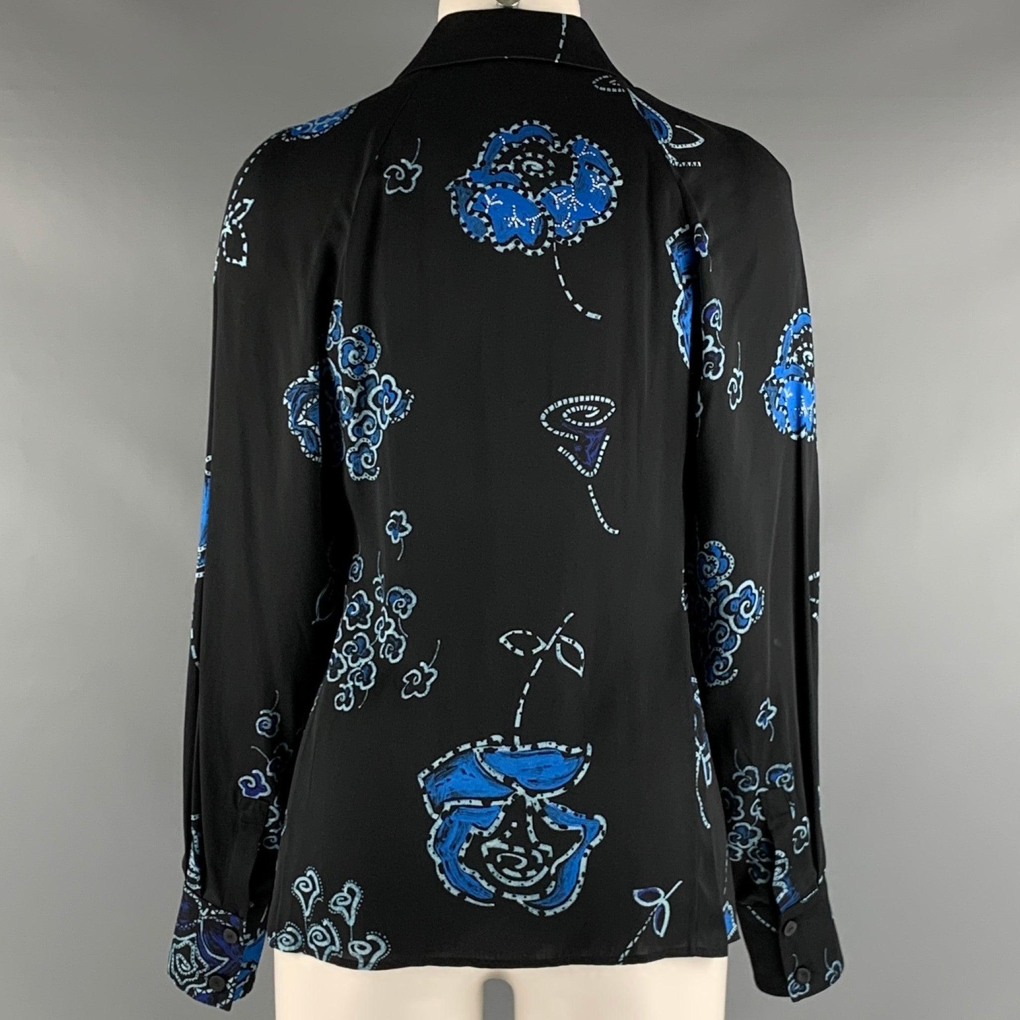 EMPORIO ARMANI Size 2 Black Blue Viscose Floral Blouson Casual Top In Good Condition For Sale In San Francisco, CA