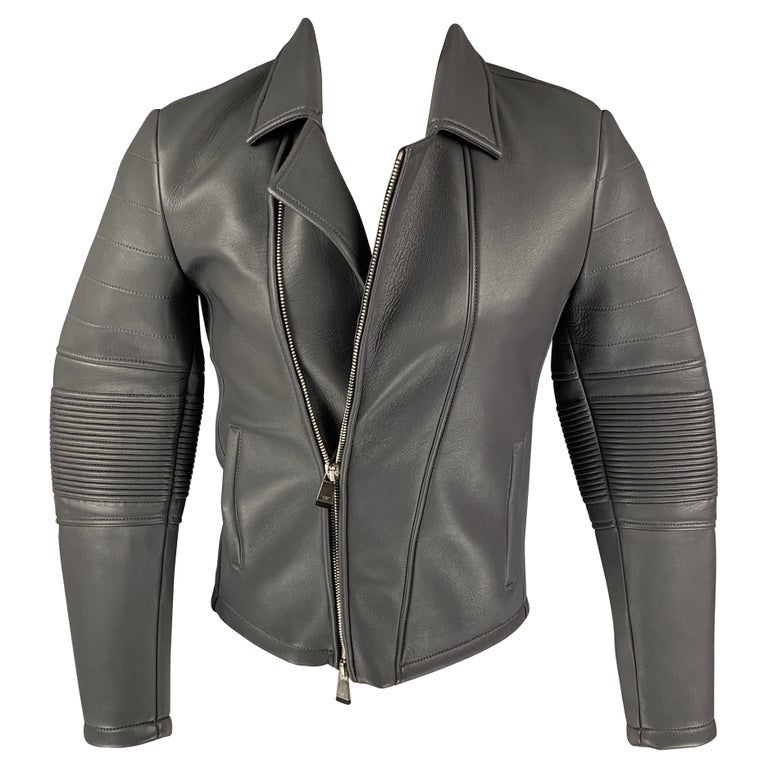 EMPORIO ARMANI Size 34 Grey Leather Biker Jacket For Sale at 1stDibs