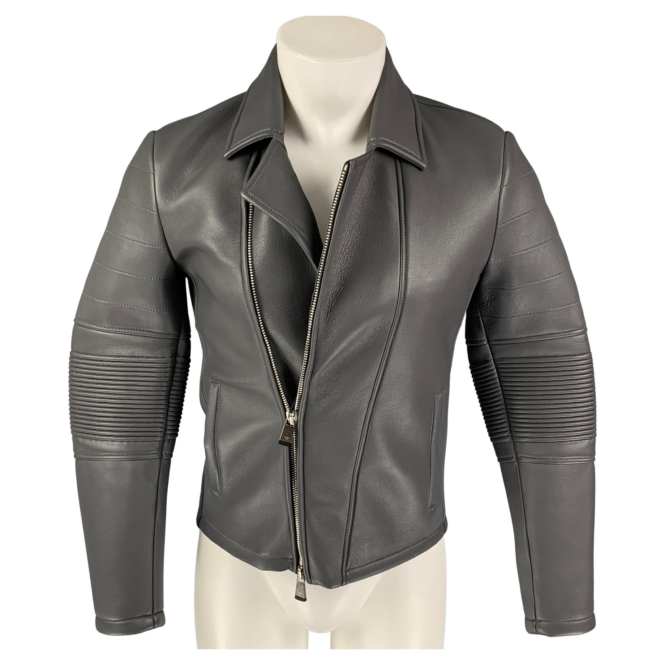 EMPORIO ARMANI Size 34 Grey Leather Biker Jacket For Sale at 1stDibs