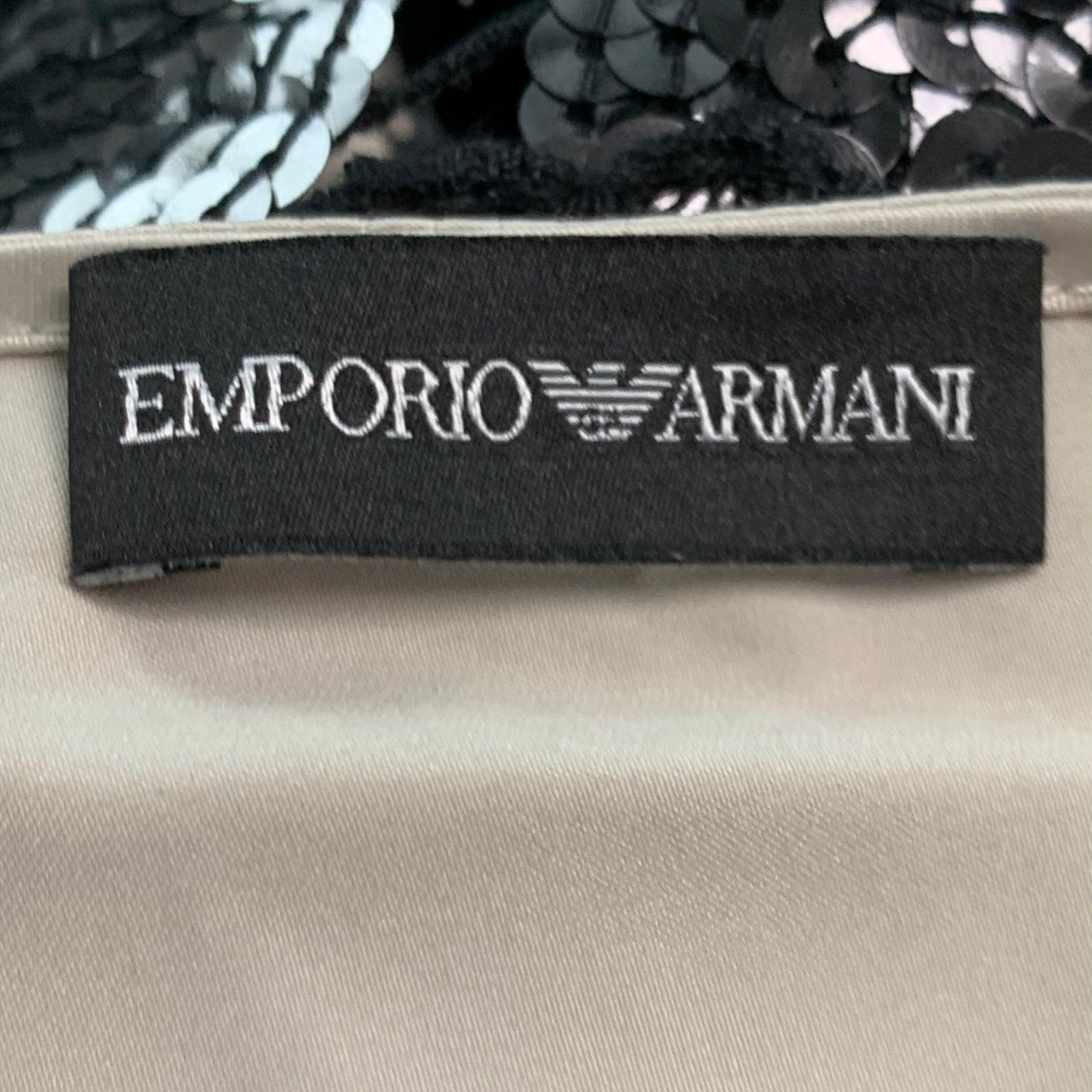 EMPORIO ARMANI Größe 4 Schwarz Creme Polyester Paillettenbesetztes ärmelloses Cocktailkleid im Angebot 1