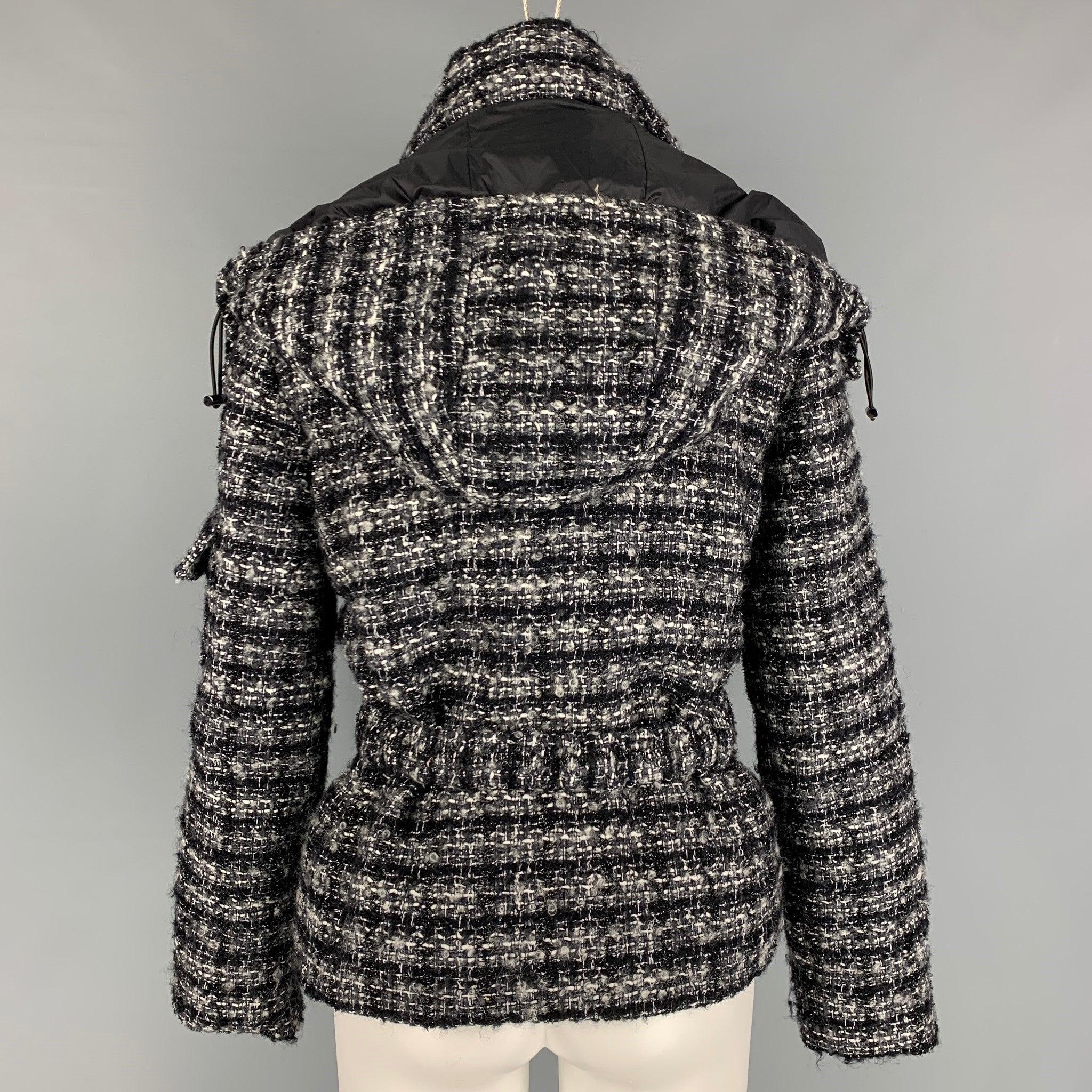 EMPORIO ARMANI Size 4 Black White Grey Wool Woven Hooded Jacket In Good Condition For Sale In San Francisco, CA