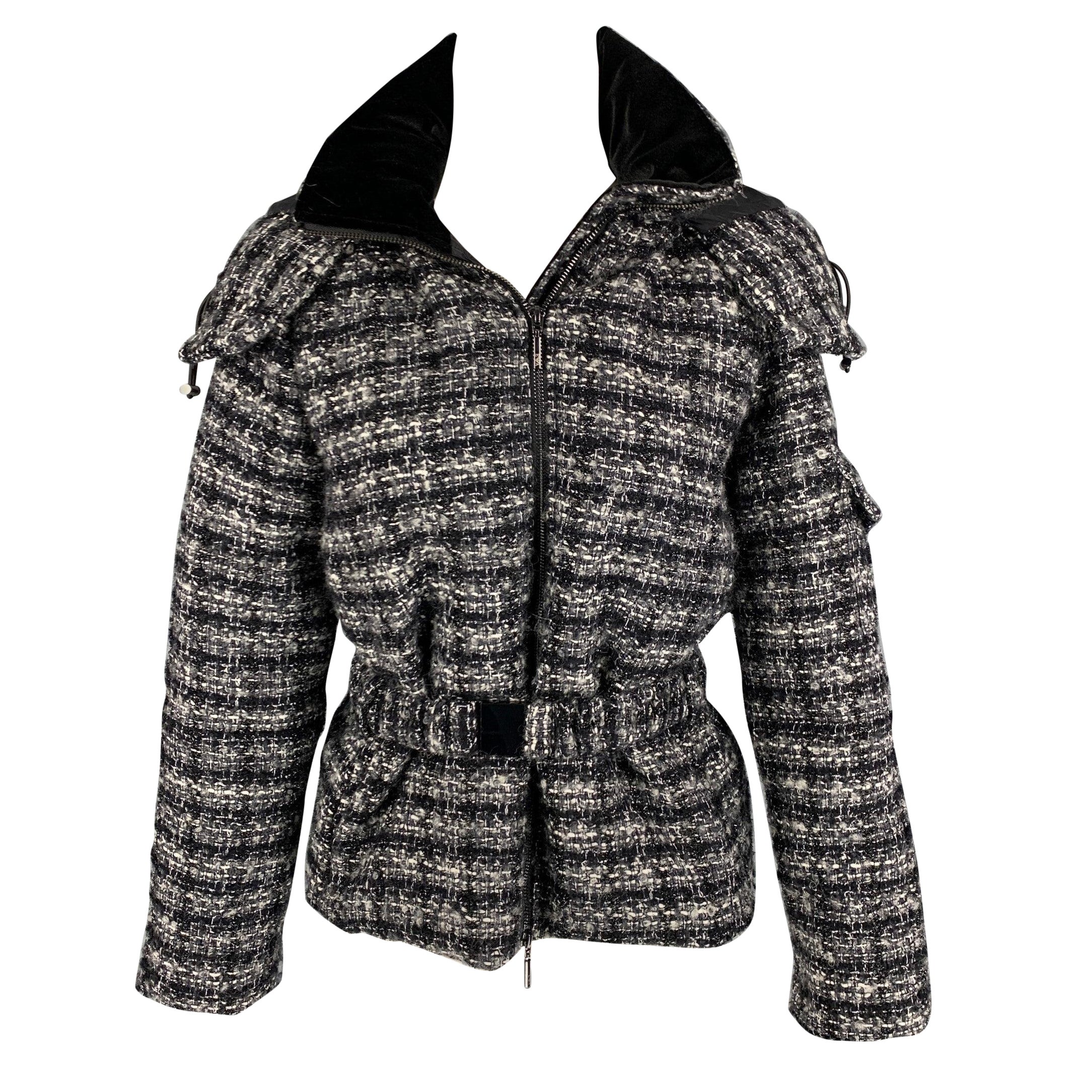 EMPORIO ARMANI Veste à capuche tissée en laine noire, blanche et grise, taille 4