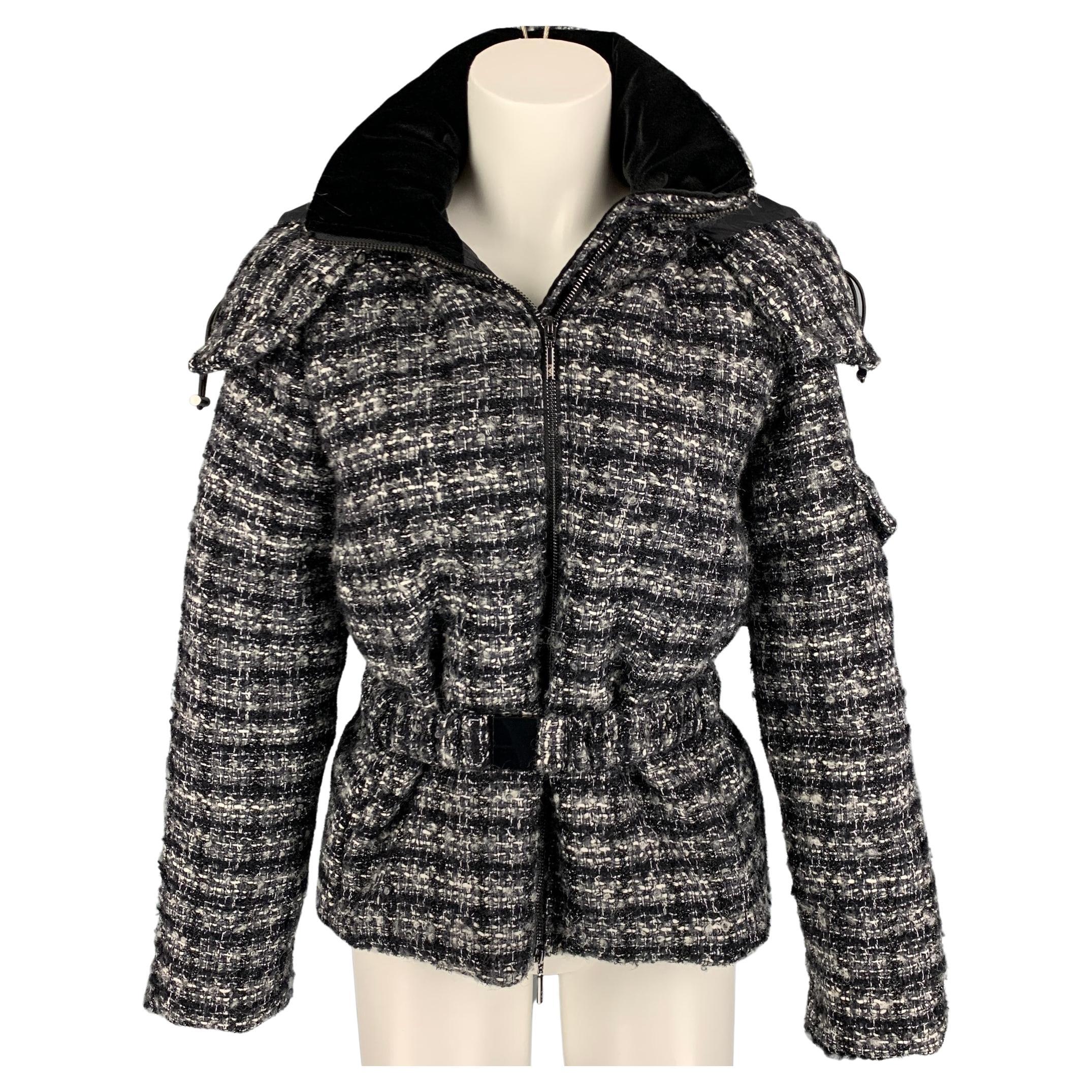 EMPORIO ARMANI Size 4 Black White Grey Wool Woven Hooded Jacket