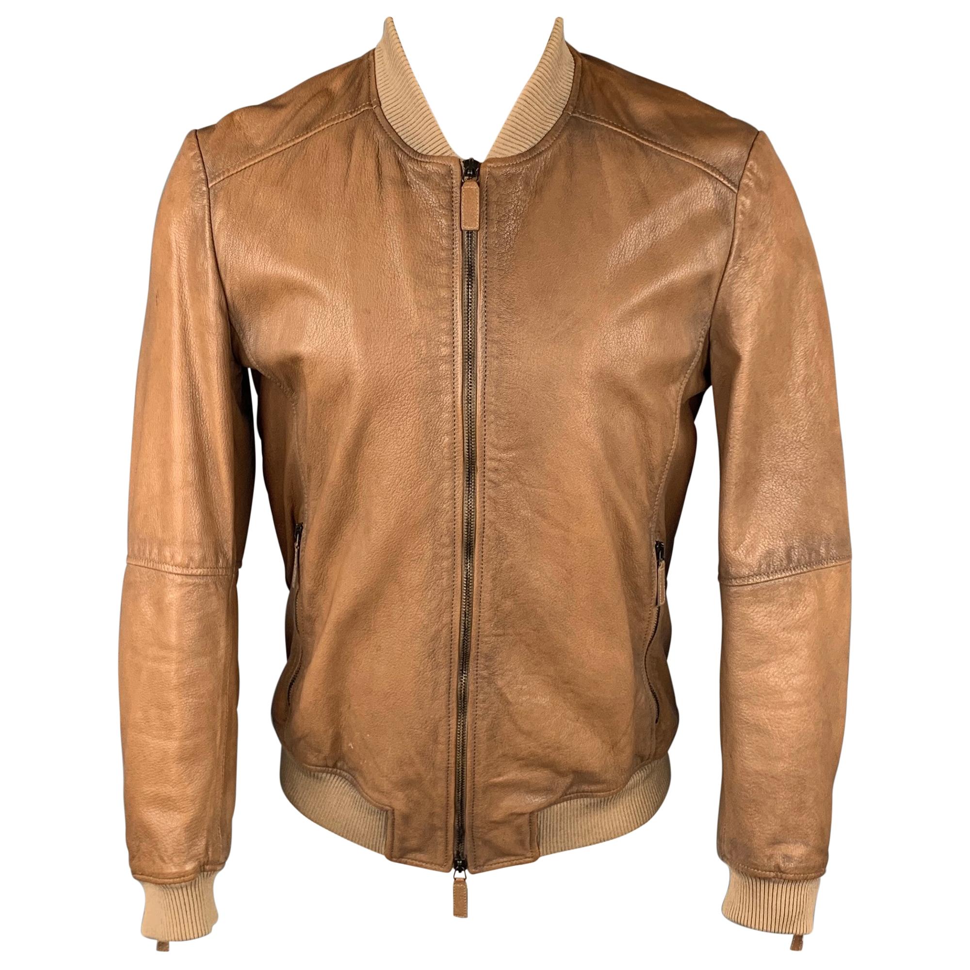 EMPORIO ARMANI Size 40 Tan Leather Zip Up Bomber Jacket