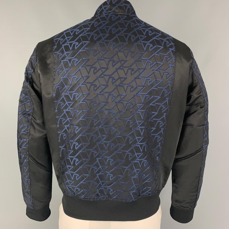 EMPORIO ARMANI Size 42 Black Blue Monogram Jacquard Satin Polyester Jacket In Excellent Condition For Sale In San Francisco, CA