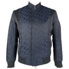 EMPORIO ARMANI Size 42 Black Blue Monogram Jacquard Satin Polyester Jacket