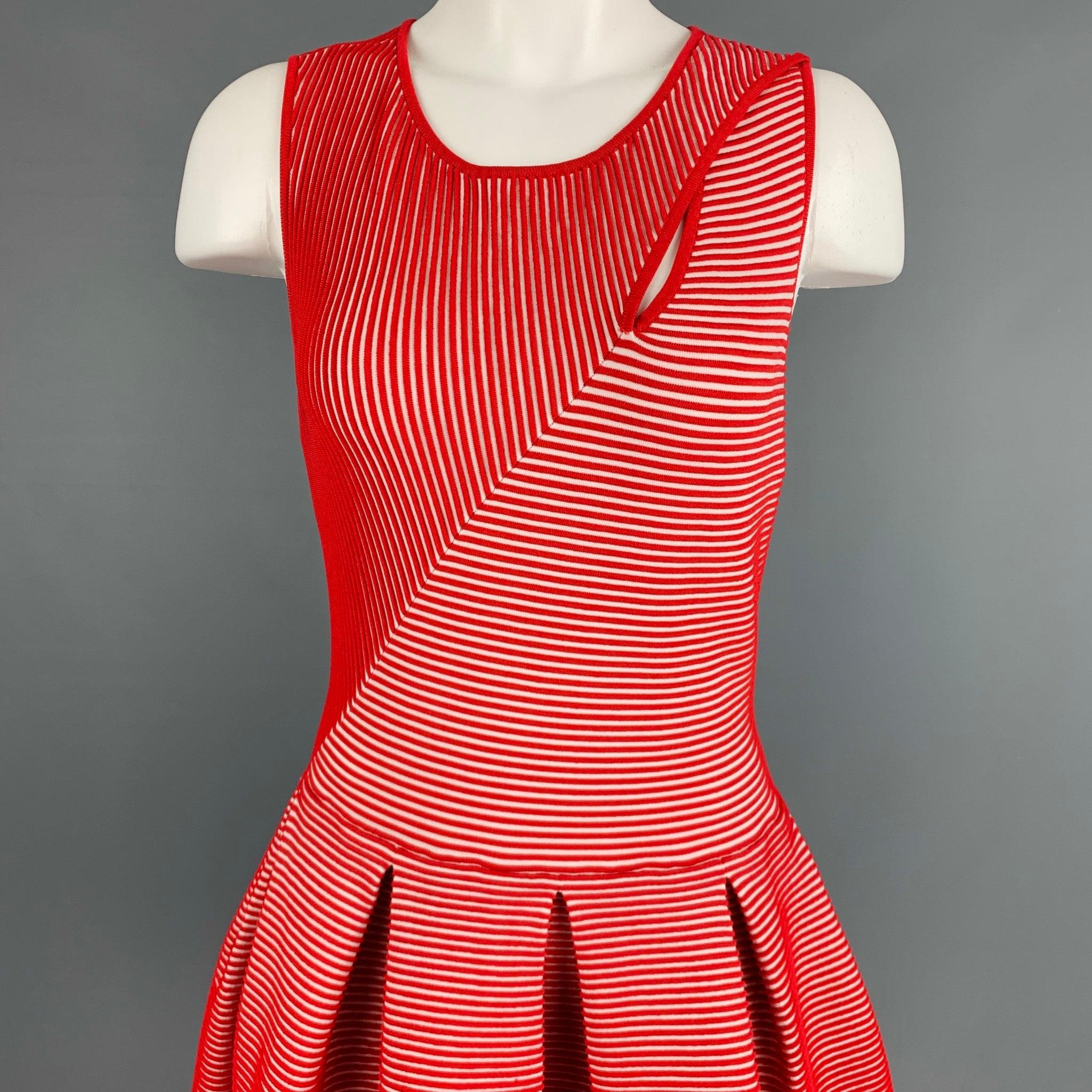 EMPORIO ARMANI Size 6 Red White Viscose Blend Stripe Pleated Dress In Excellent Condition For Sale In San Francisco, CA