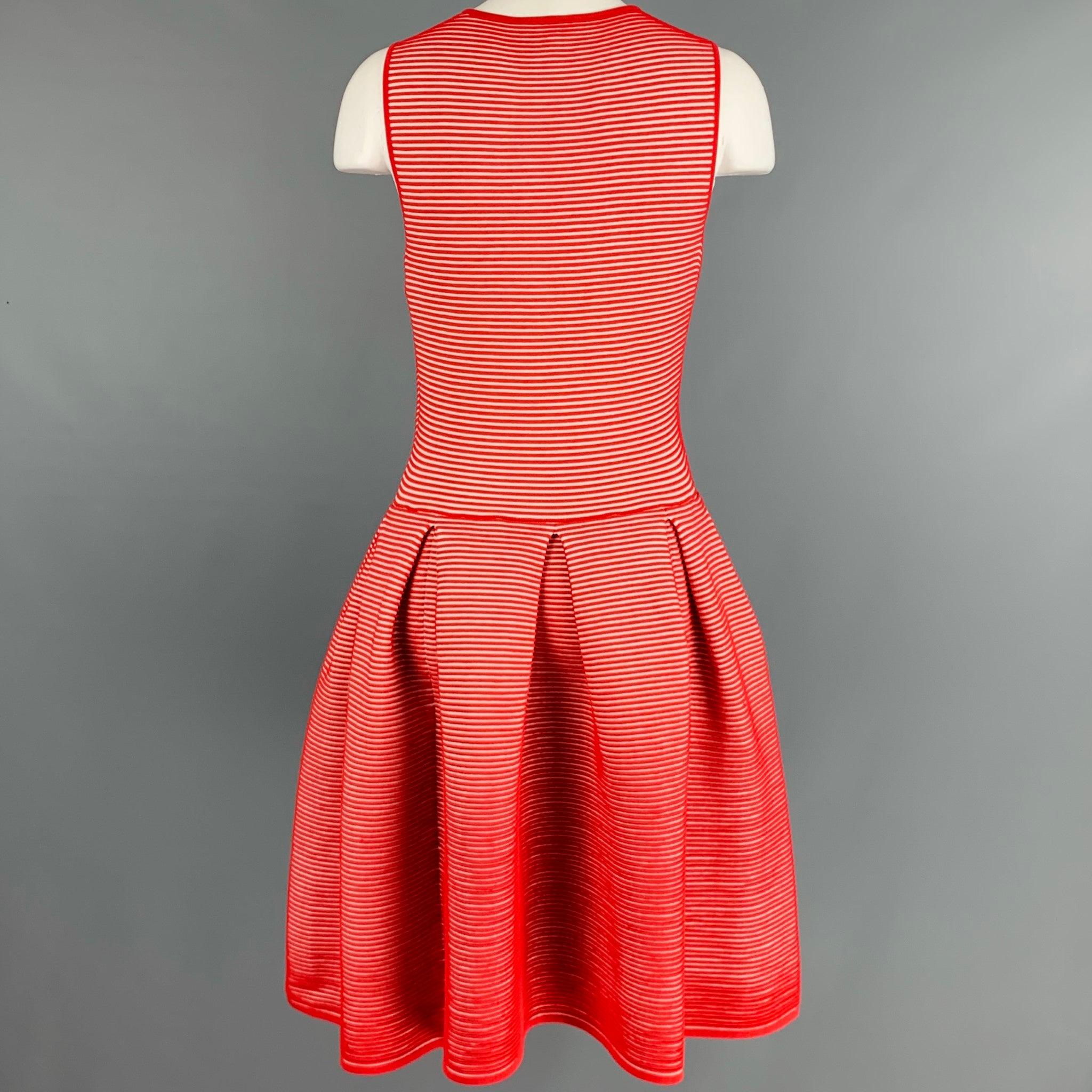 EMPORIO ARMANI Size 6 Red White Viscose Blend Stripe Pleated Dress For Sale 1
