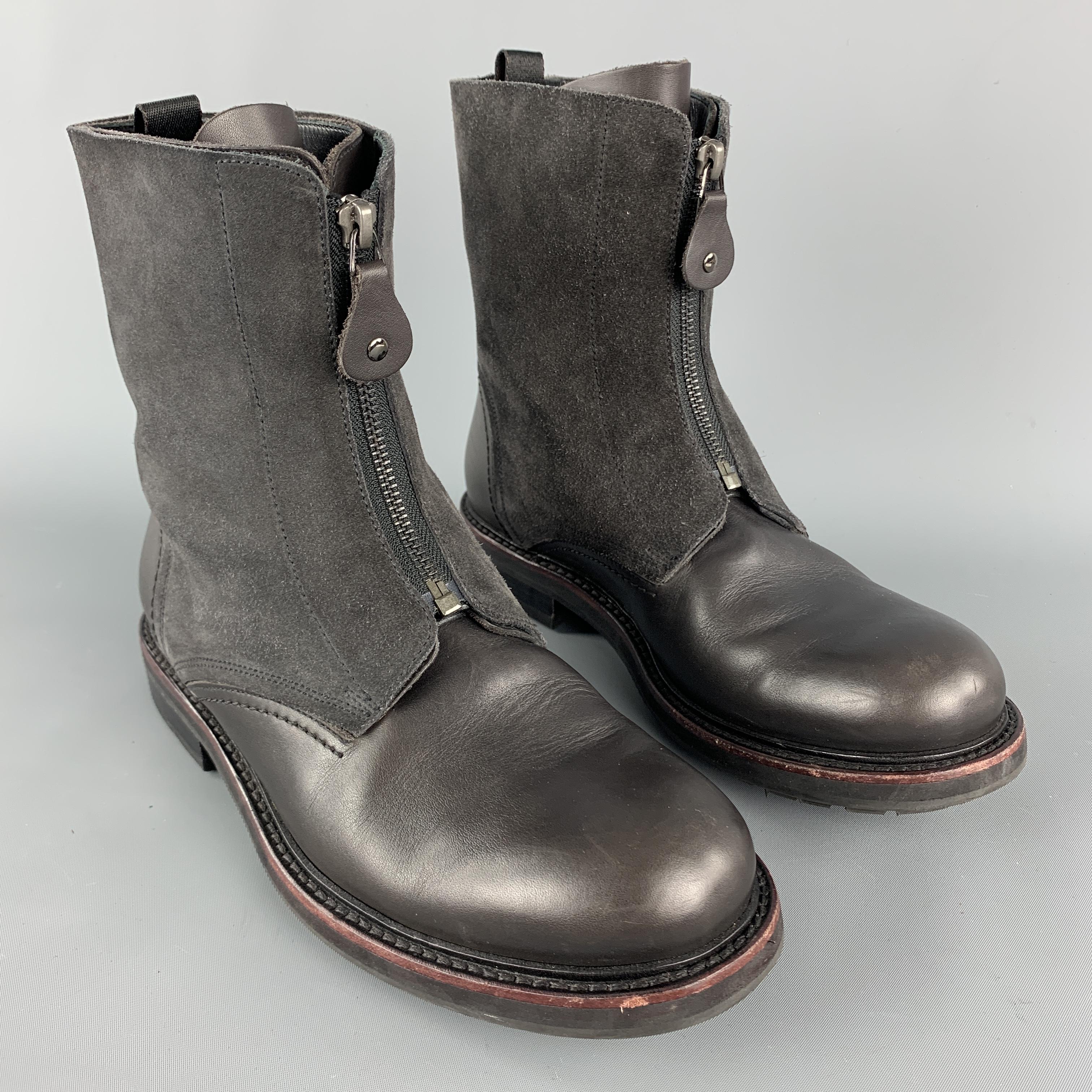 EMPORIO ARMANI Ankle Boots comes in solid charcoal and burgundy leather material, featuring a suede trim, a zip closure, lace up. With Box. Made in Italy. 

Excellent Pre-Owned Condition.
Marked: 7

Measurements:

Heel: 1 in
Outsole: 11.5 x 4 in.