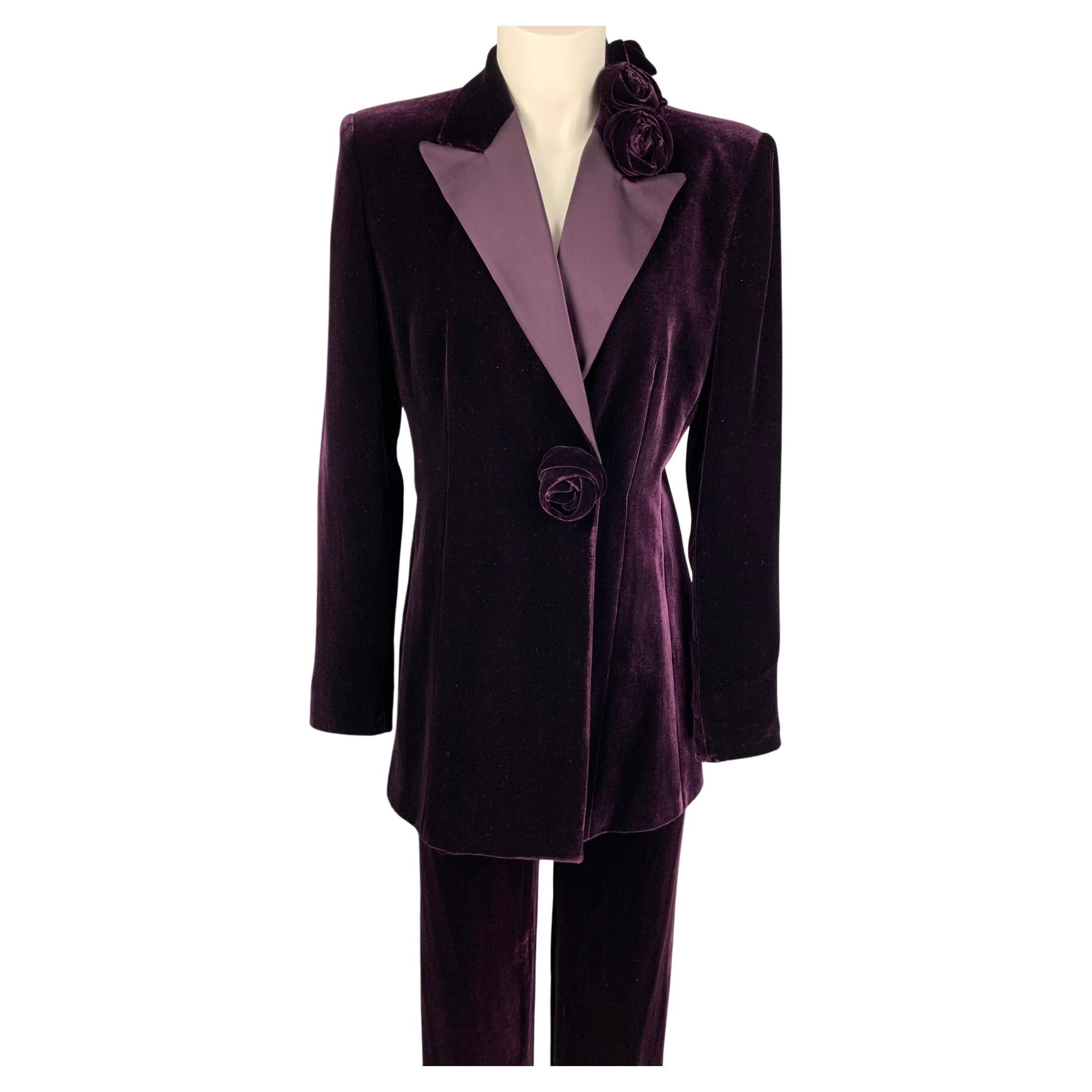 EMPORIO ARMANI Size 8 Purple Viscose Silk Velvet Peak Lapel Pants Suit