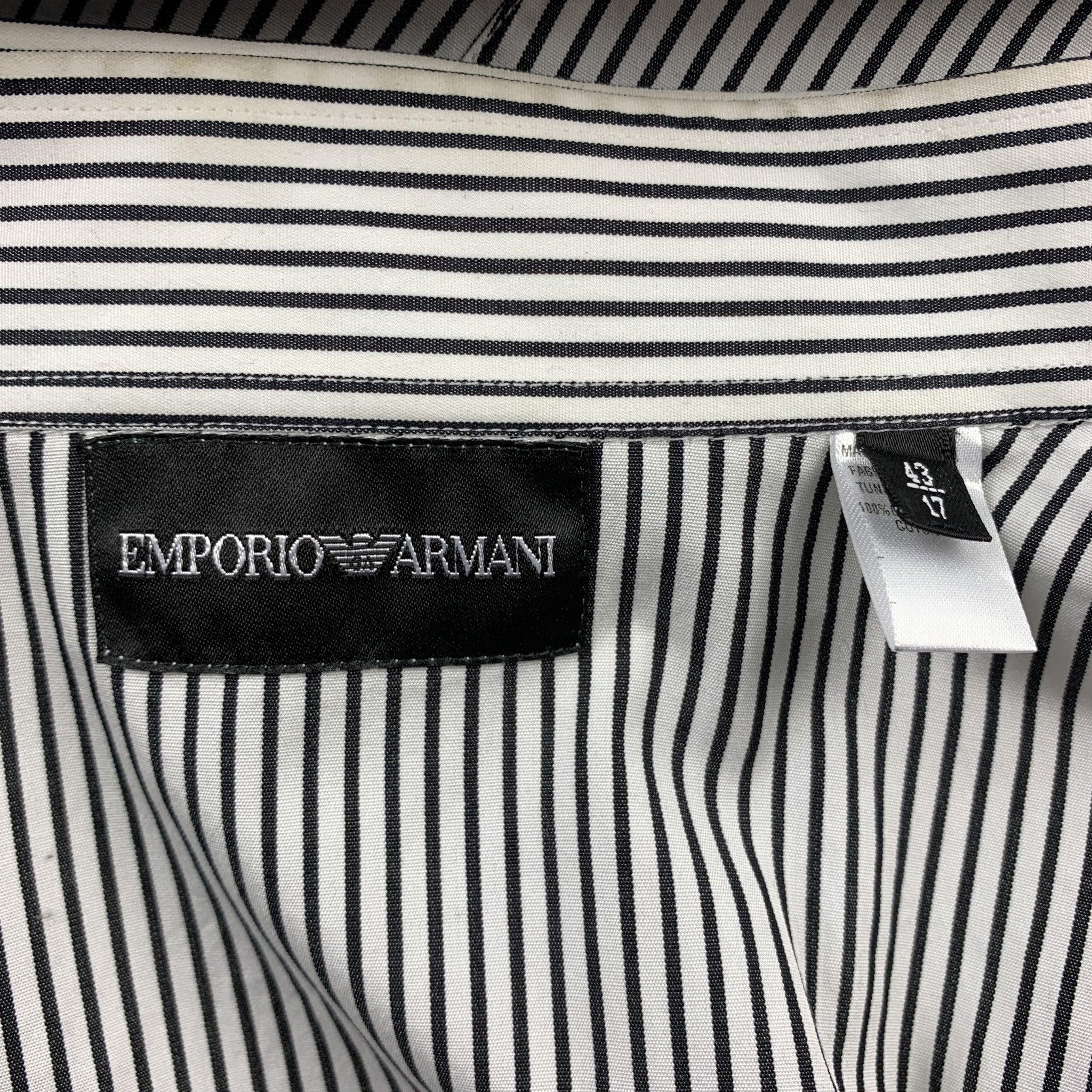 Men's EMPORIO ARMANI Size L Black & White Stripe Cotton Button Up Long Sleeve Shirt For Sale