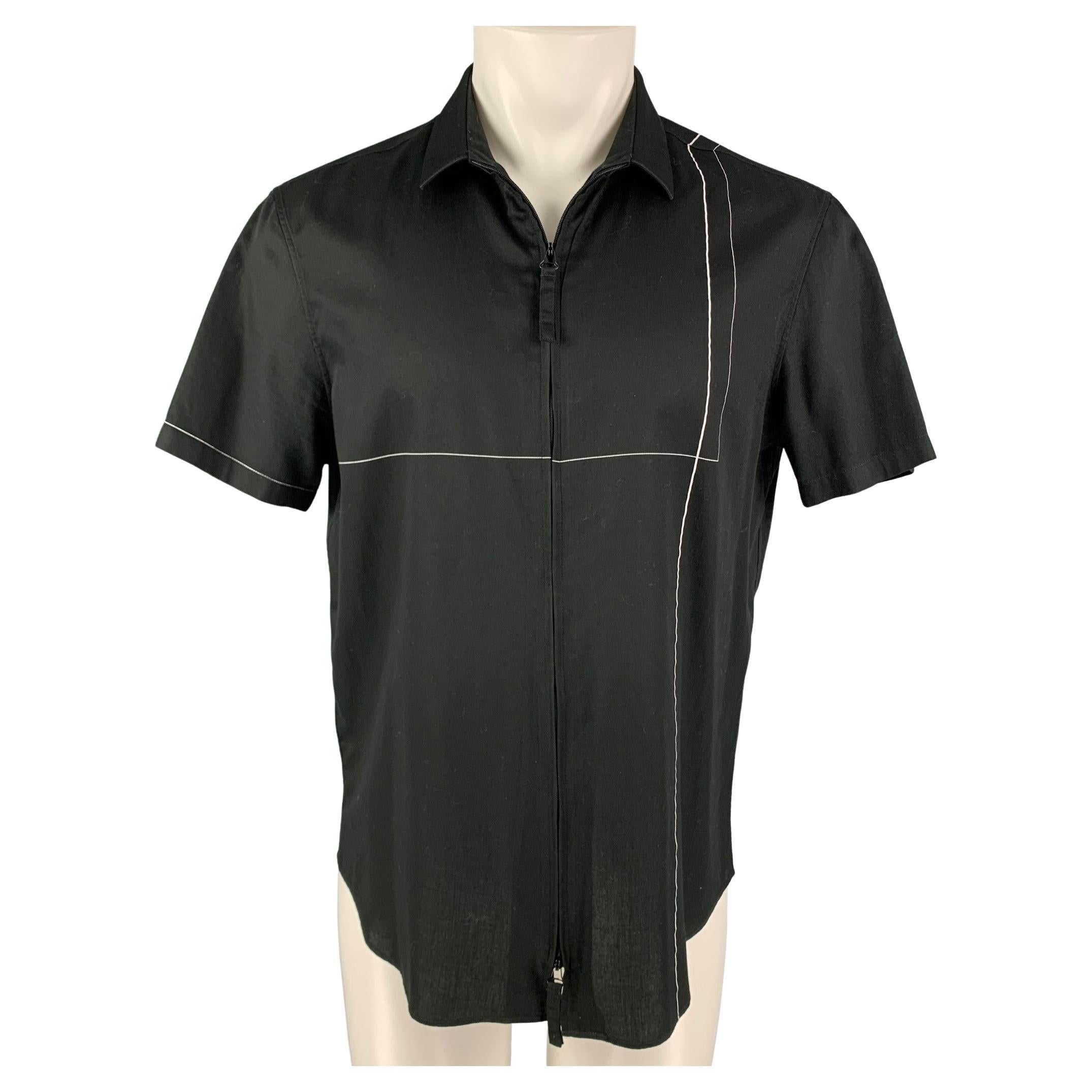 EMPORIO ARMANI Size L Black White Stripe Cotton Zip Up Short Sleeve Shirt