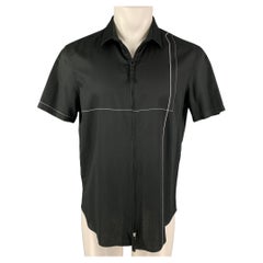 EMPORIO ARMANI Size L Black White Stripe Cotton Zip Up Short Sleeve Shirt