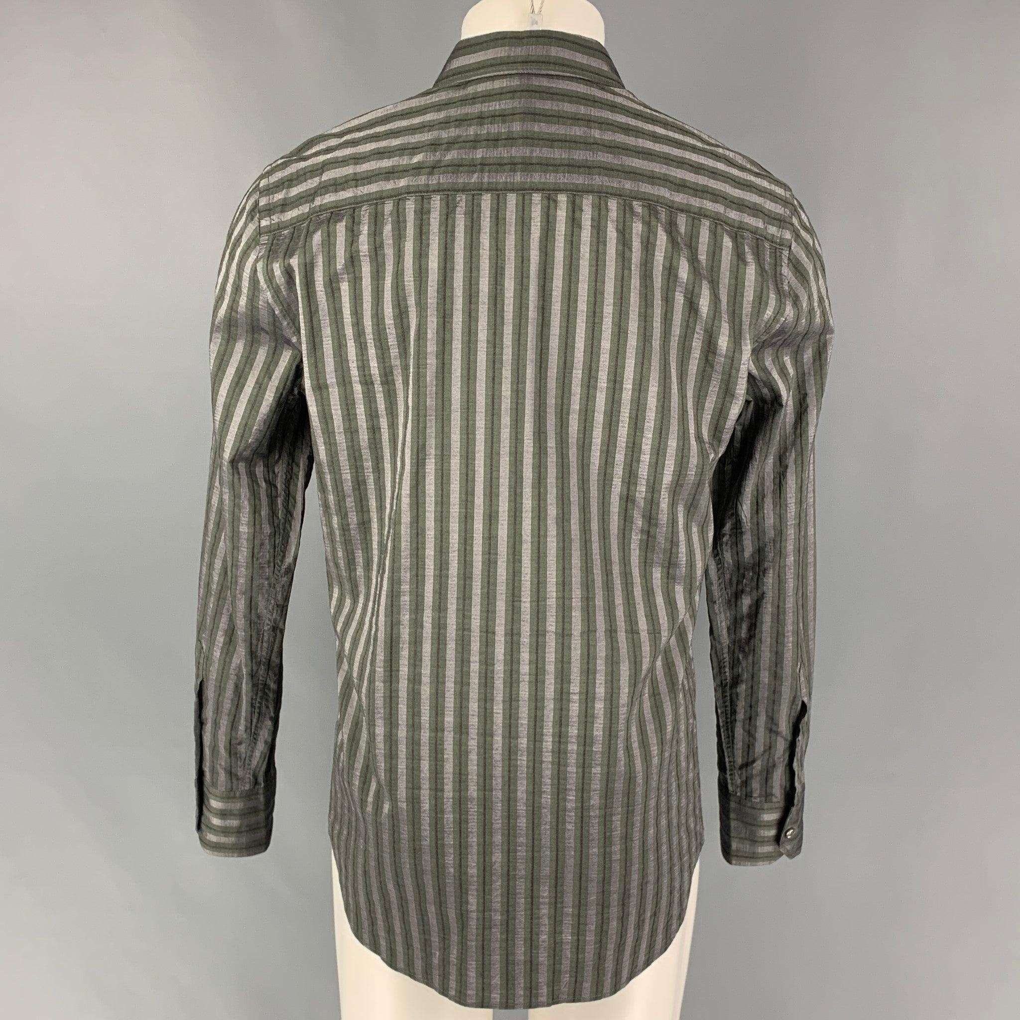Gray EMPORIO ARMANI Size L Grey Olive Stripe Cotton Viscose Long Sleeve Shirt For Sale