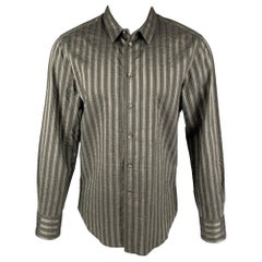 EMPORIO ARMANI Taglia L Camicia a maniche lunghe in cotone e viscosa a righe grigio oliva