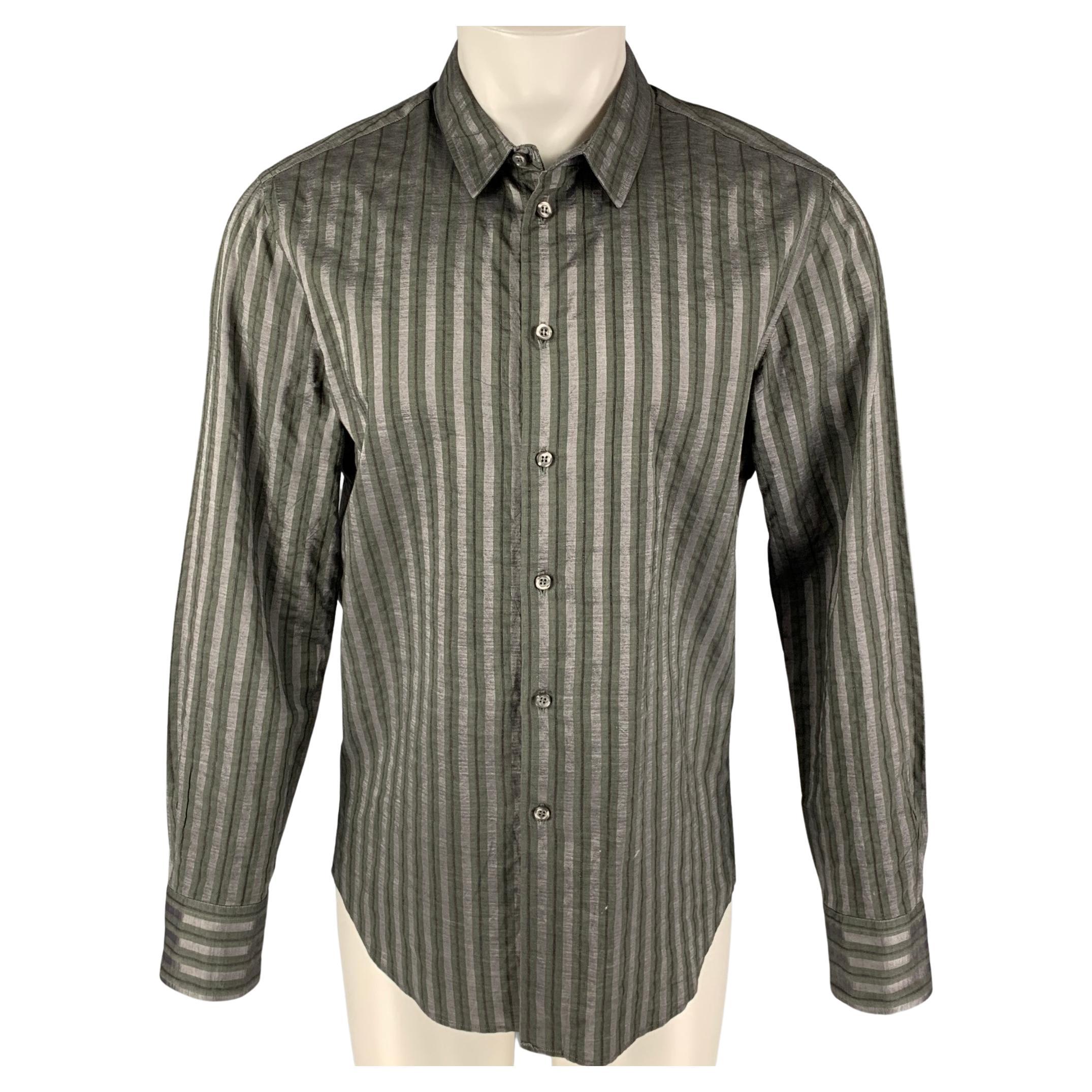 EMPORIO ARMANI Size L Grey Olive Stripe Cotton Viscose Long Sleeve Shirt
