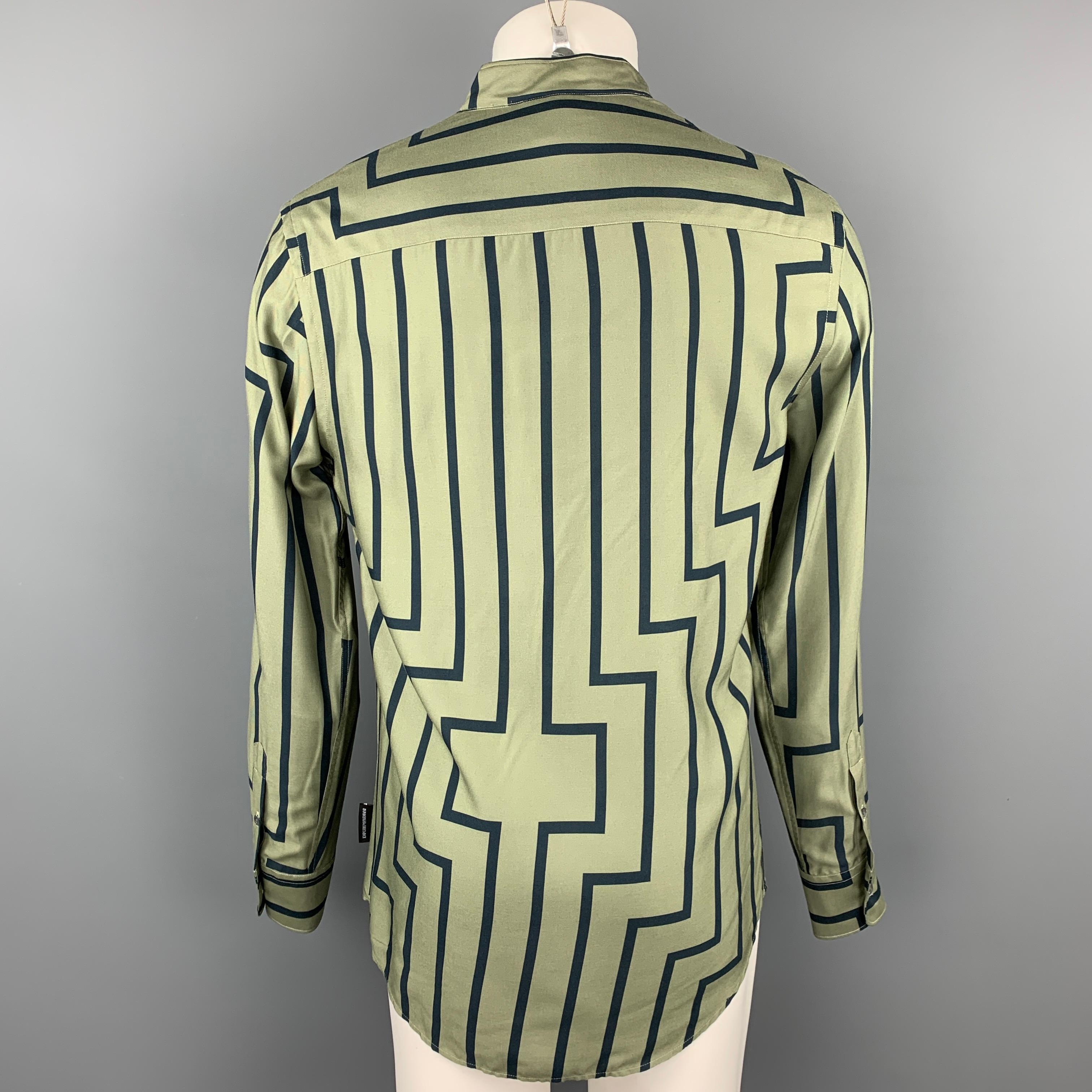 Beige EMPORIO ARMANI Size M Green & Navy Stripe Long Sleeve Shirt