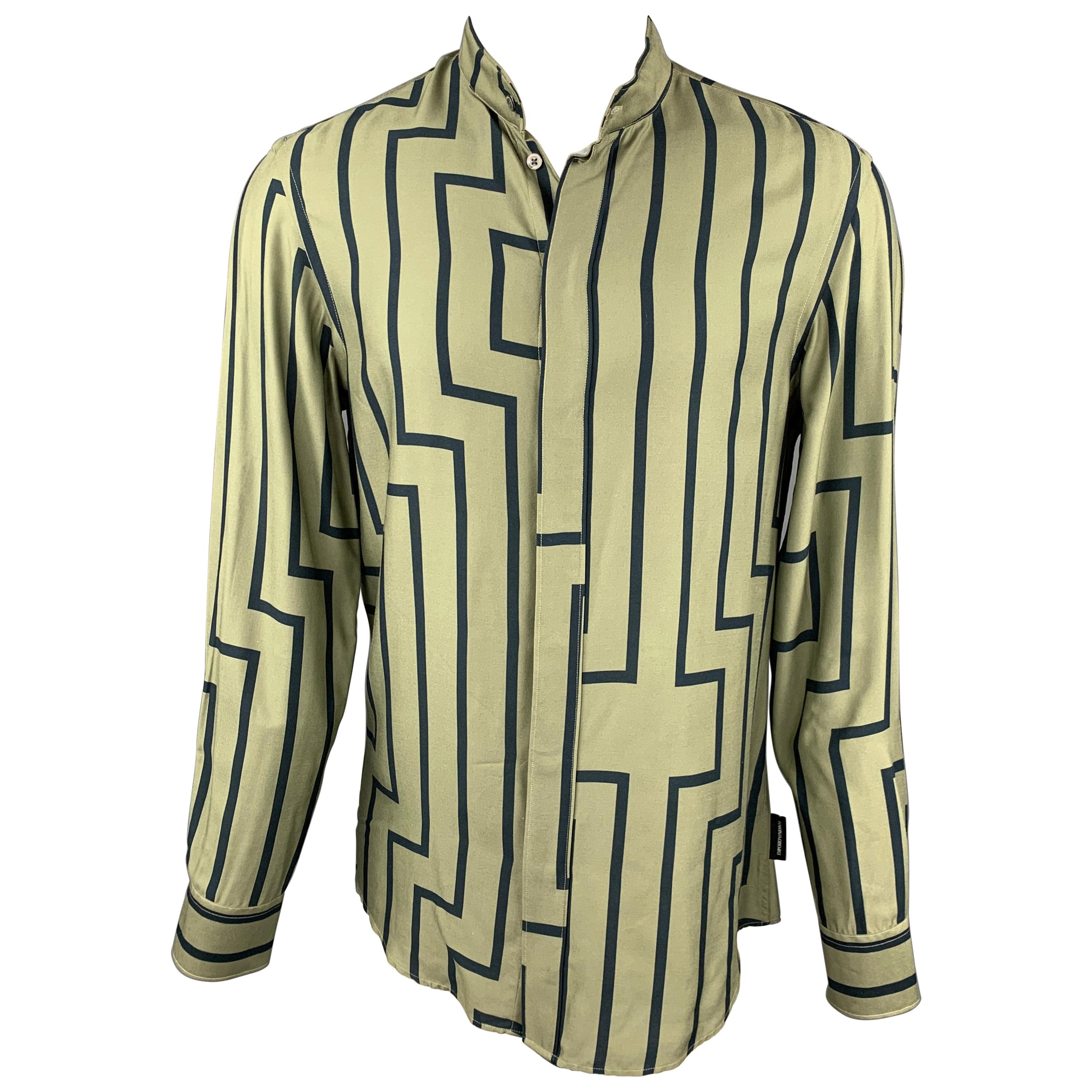 EMPORIO ARMANI Size M Green & Navy Stripe Long Sleeve Shirt