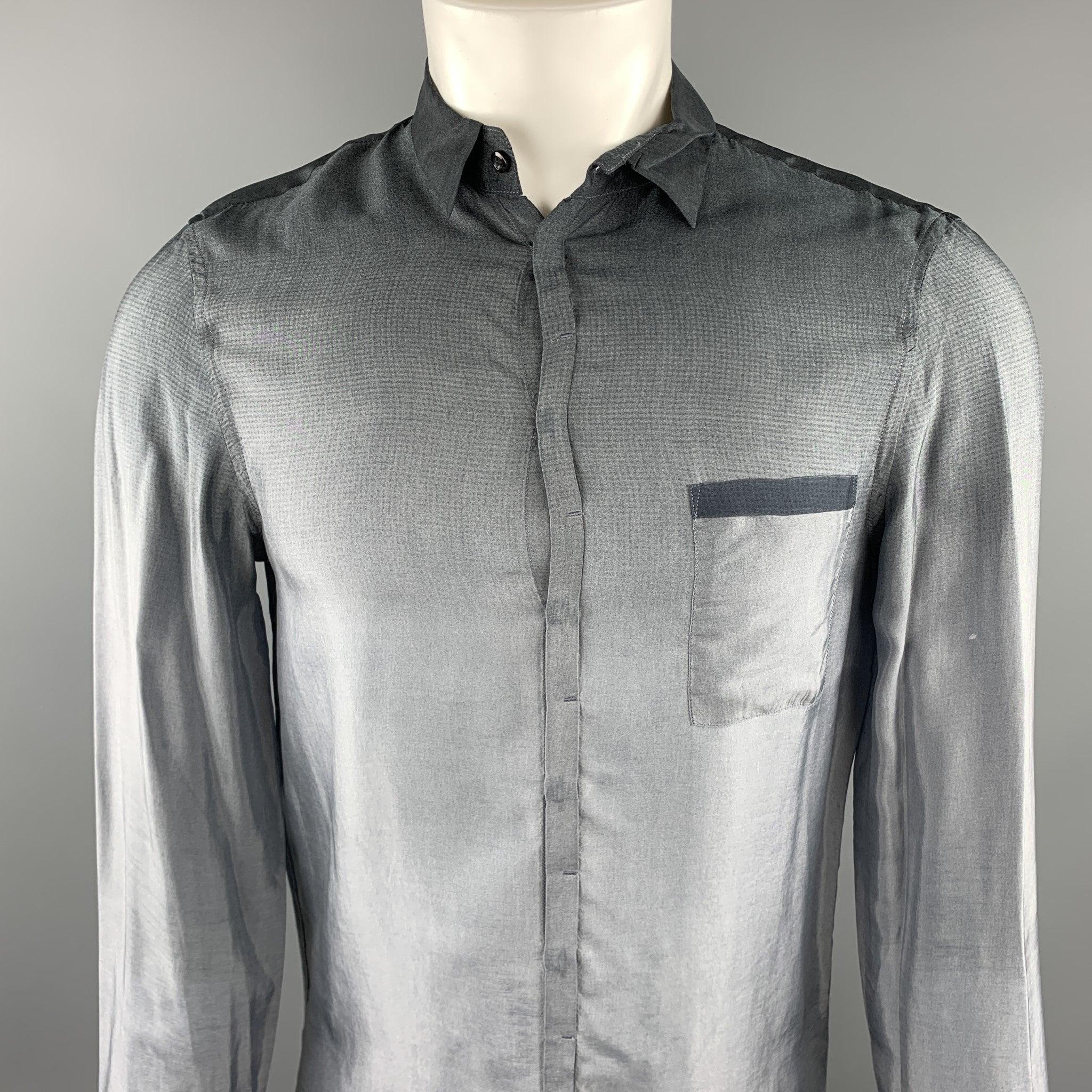 EMPORIO ARMANI long sleeve shirt comes in a gray ombre curpo featuring a spread collar, patch pocket, and a hidden button closure.Very Good
Pre-Owned Condition. 

Marked:   39/15.5 

Measurements: 
 
Shoulder: 15.5 inches Chest: 38 inches 
Sleeve:
