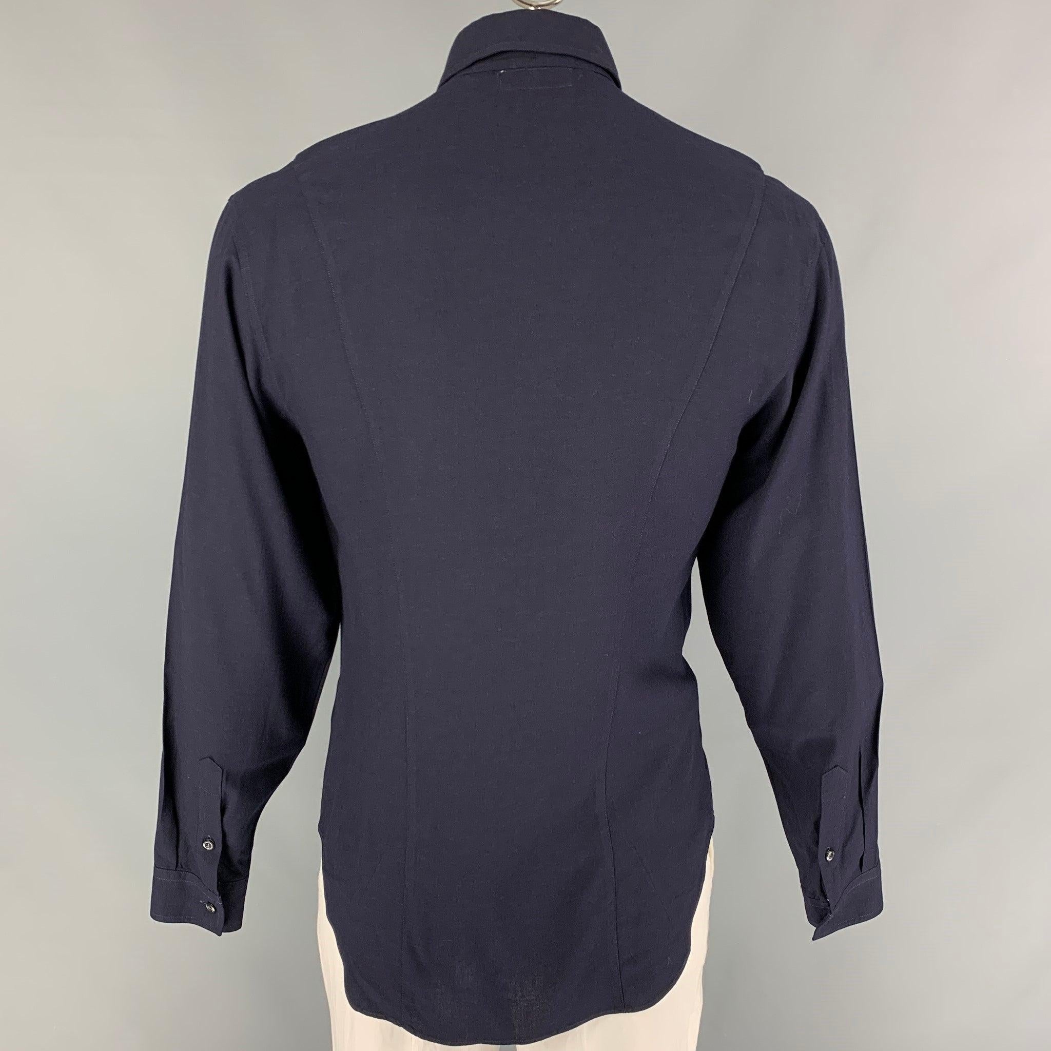 EMPORIO ARMANI Size M Navy Viscose Button Up Long Sleeve Shirt In Good Condition For Sale In San Francisco, CA