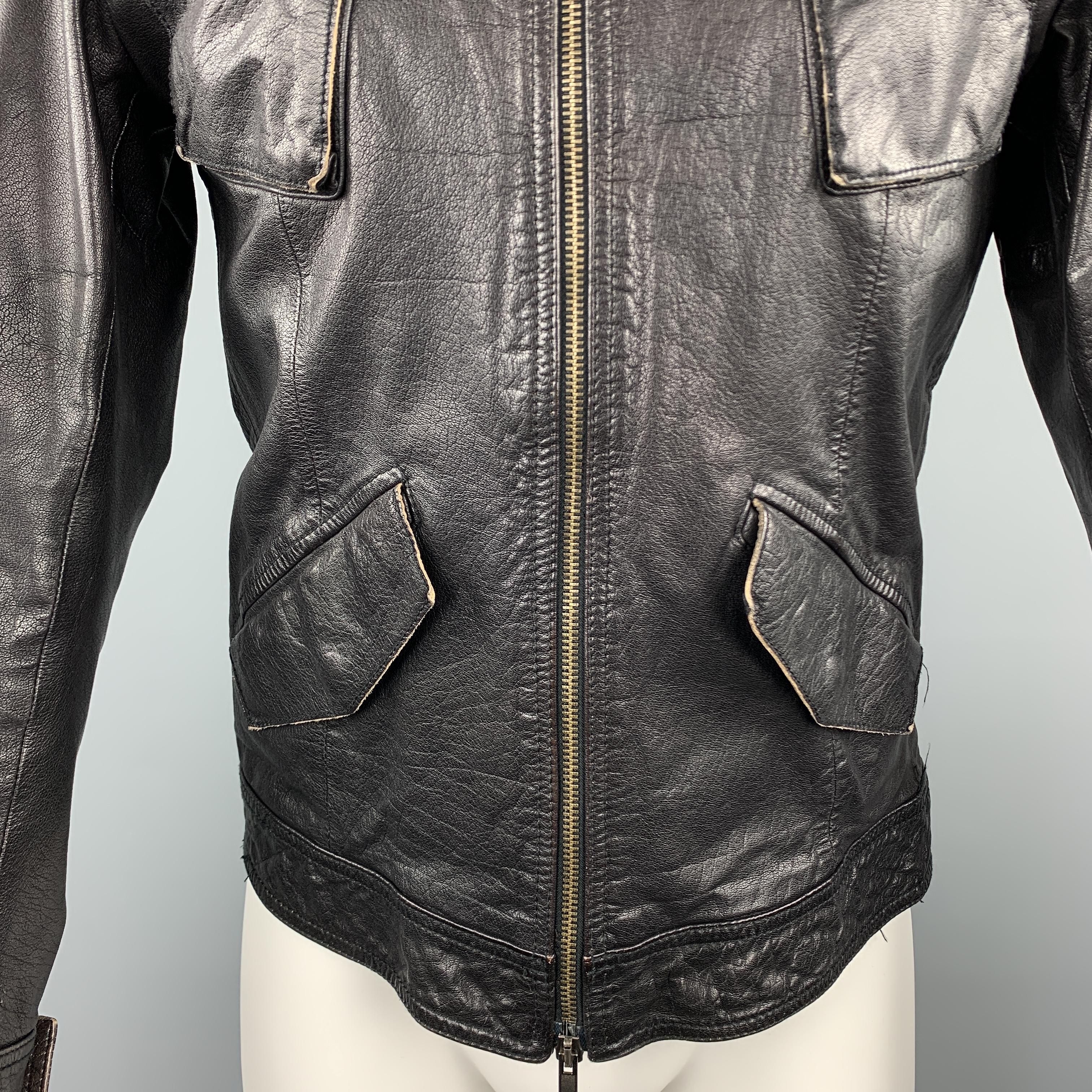 EMPORIO ARMANI Size S Black Leather Full Zip Patch Pockets Distressed Jacket In Excellent Condition In San Francisco, CA