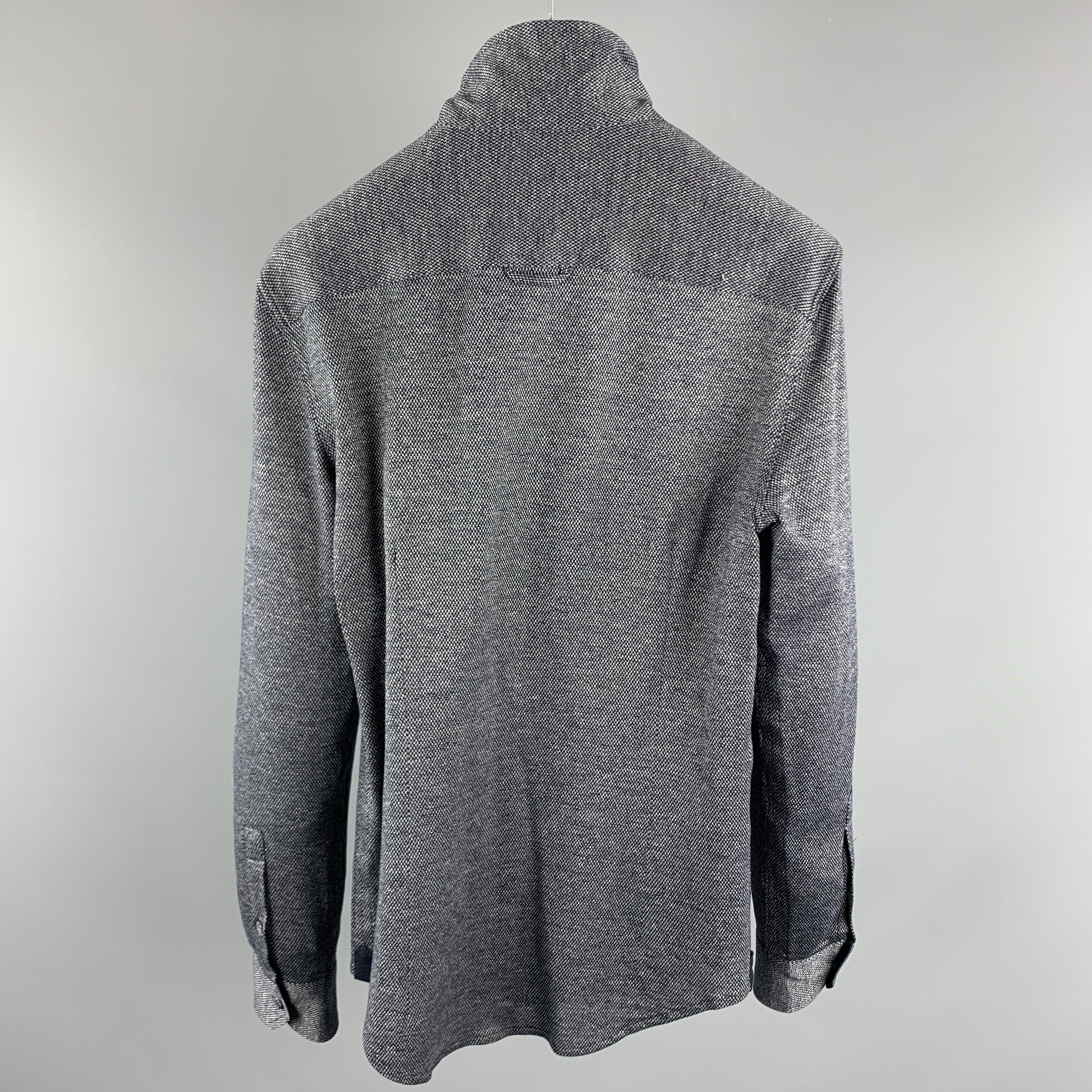 EMPORIO ARMANI Size S Grey & Navy Nailhead Cotton High Collar Long Sleeve Shirt In Good Condition For Sale In San Francisco, CA