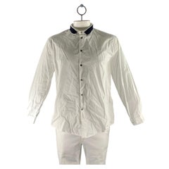 EMPORIO ARMANI Größe XXXL Weiß-Blau Langarmhemd aus Baumwollmischung mit geripptem Kragen
