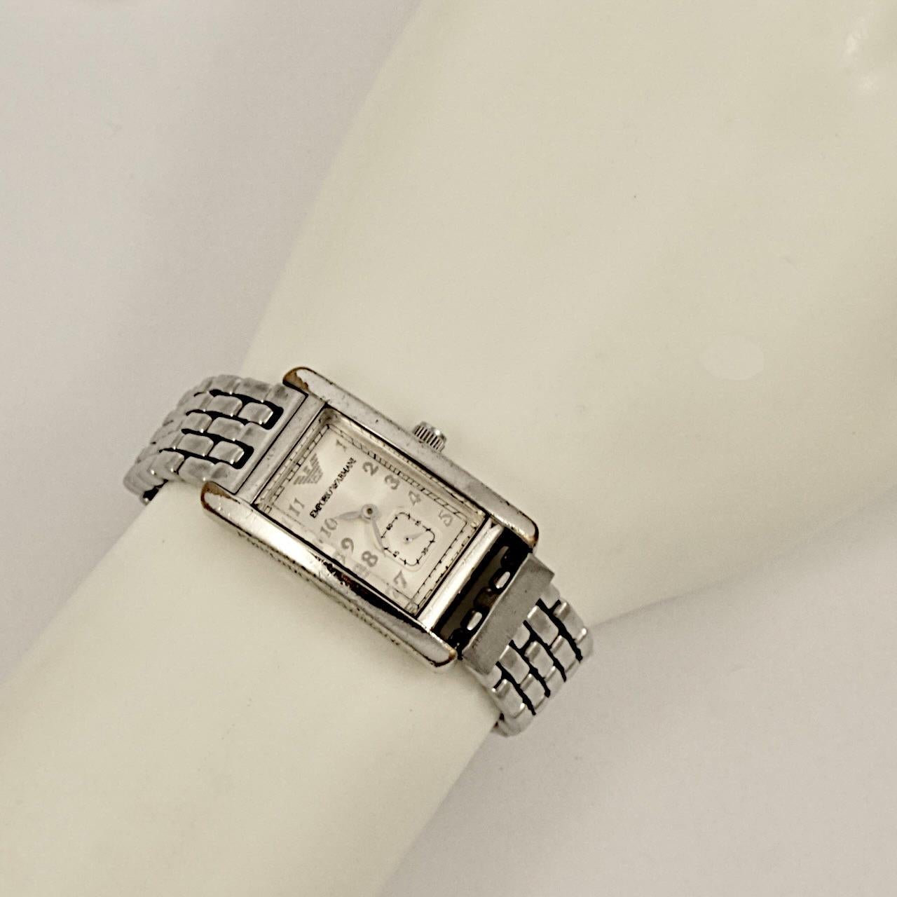Women's or Men's Emporio Armani Stainless Steel Rectangular Quartz Wrist Watch with Second Hand