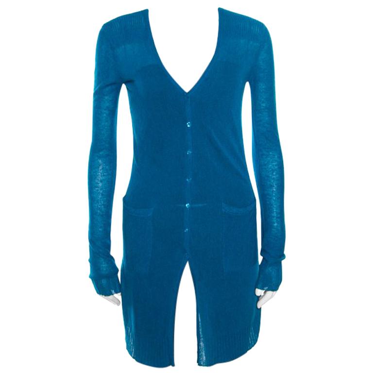Emporio Armani Teal Blue Knit Long Cardigan S For Sale at 1stDibs
