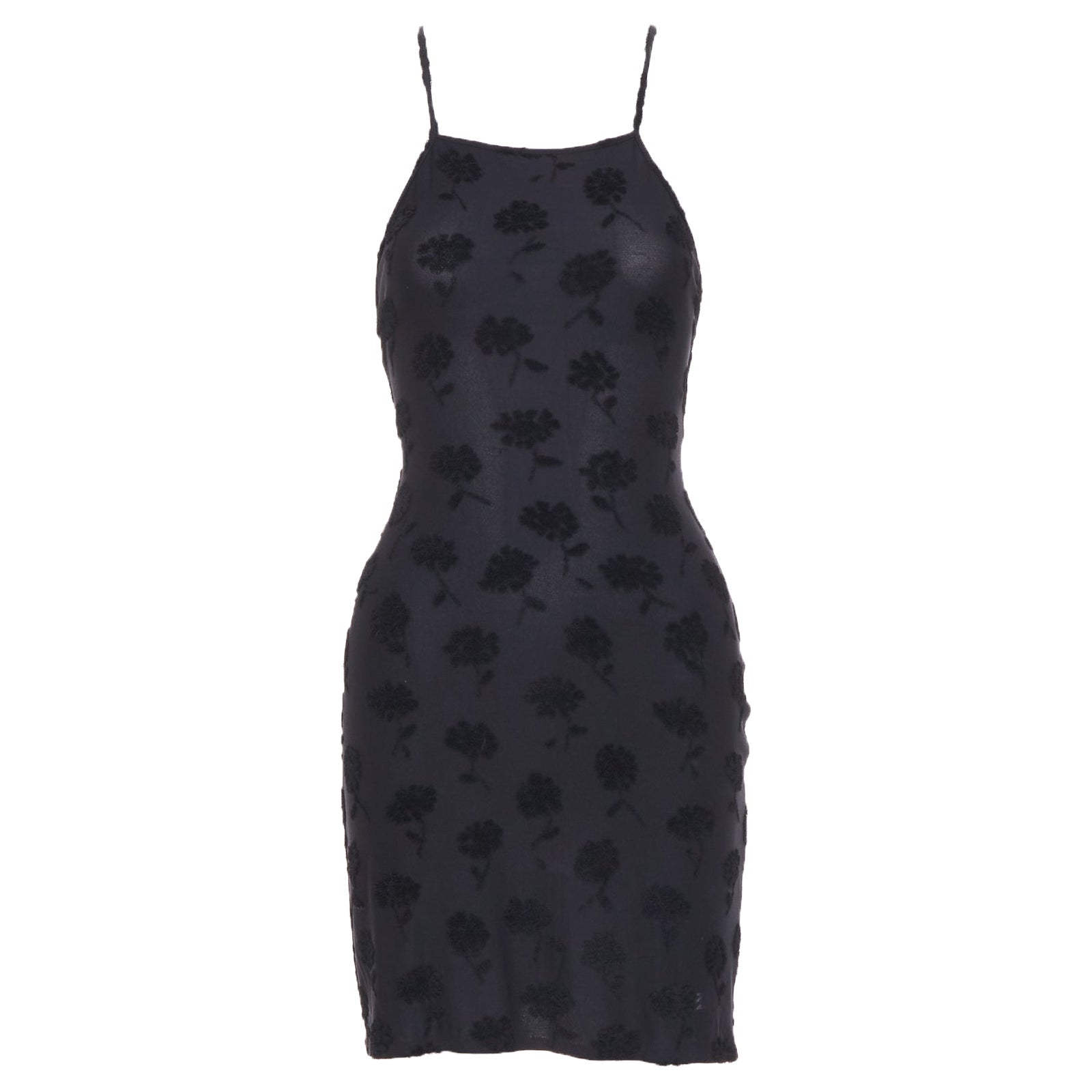 Pre-owned Ea7 Emporio Armani Vintage Black Floral Flock Velvet Jacquard Slip Dress It38 Xs