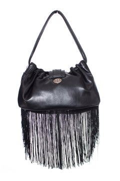 Emporio Armani, Vintage black leather handbag with fringes.