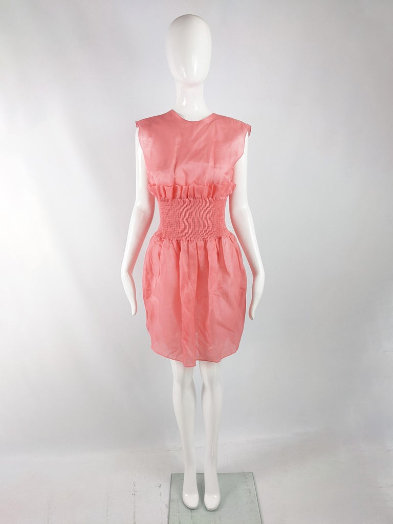 Emporio Armani Vintage Sheer Pink Silk Organza Smocked Party Evening Dress  1980s For Sale at 1stDibs