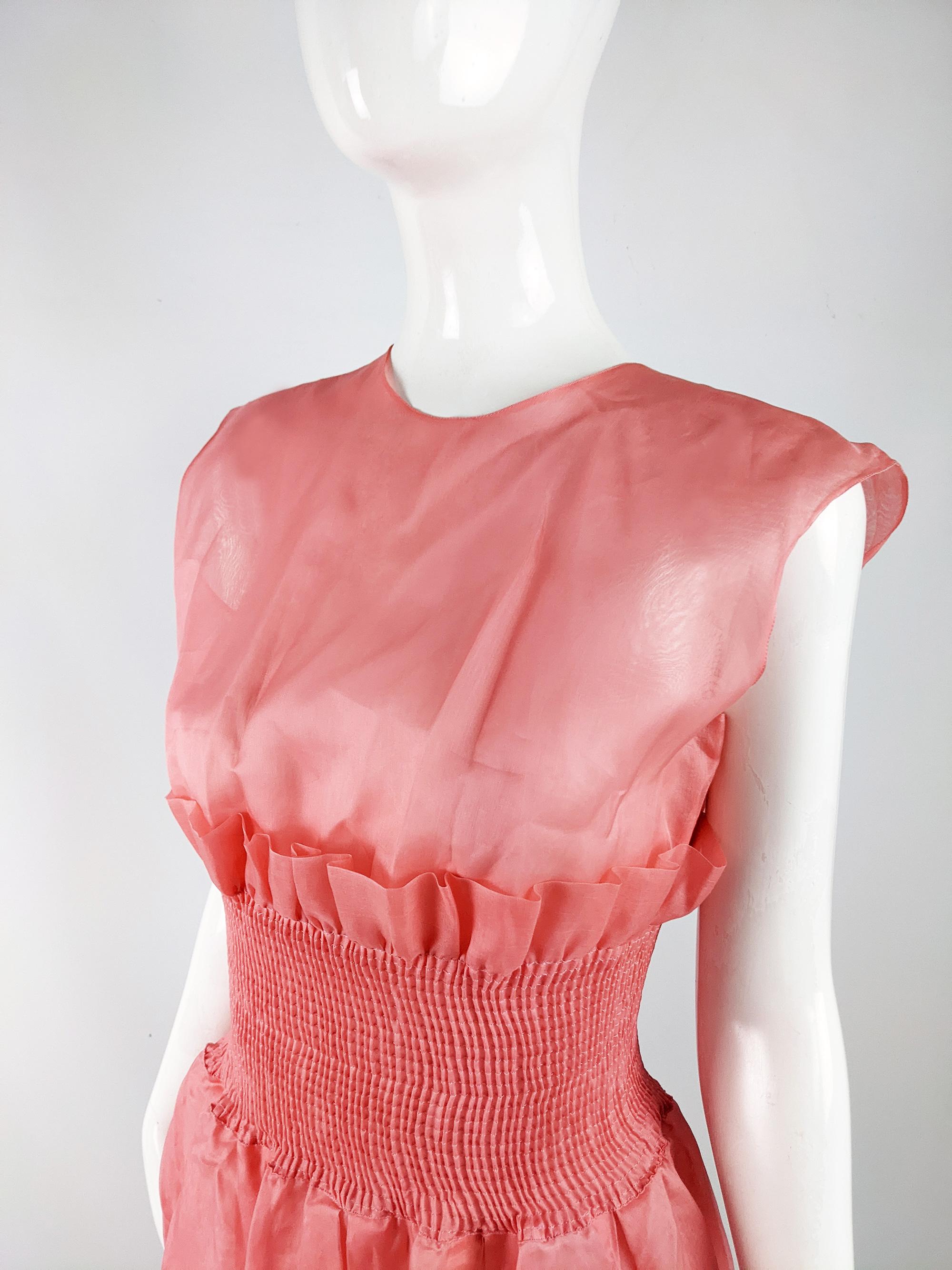 Women's Emporio Armani Vintage Sheer Pink Silk Organza Smocked Party Evening Dress 1980s