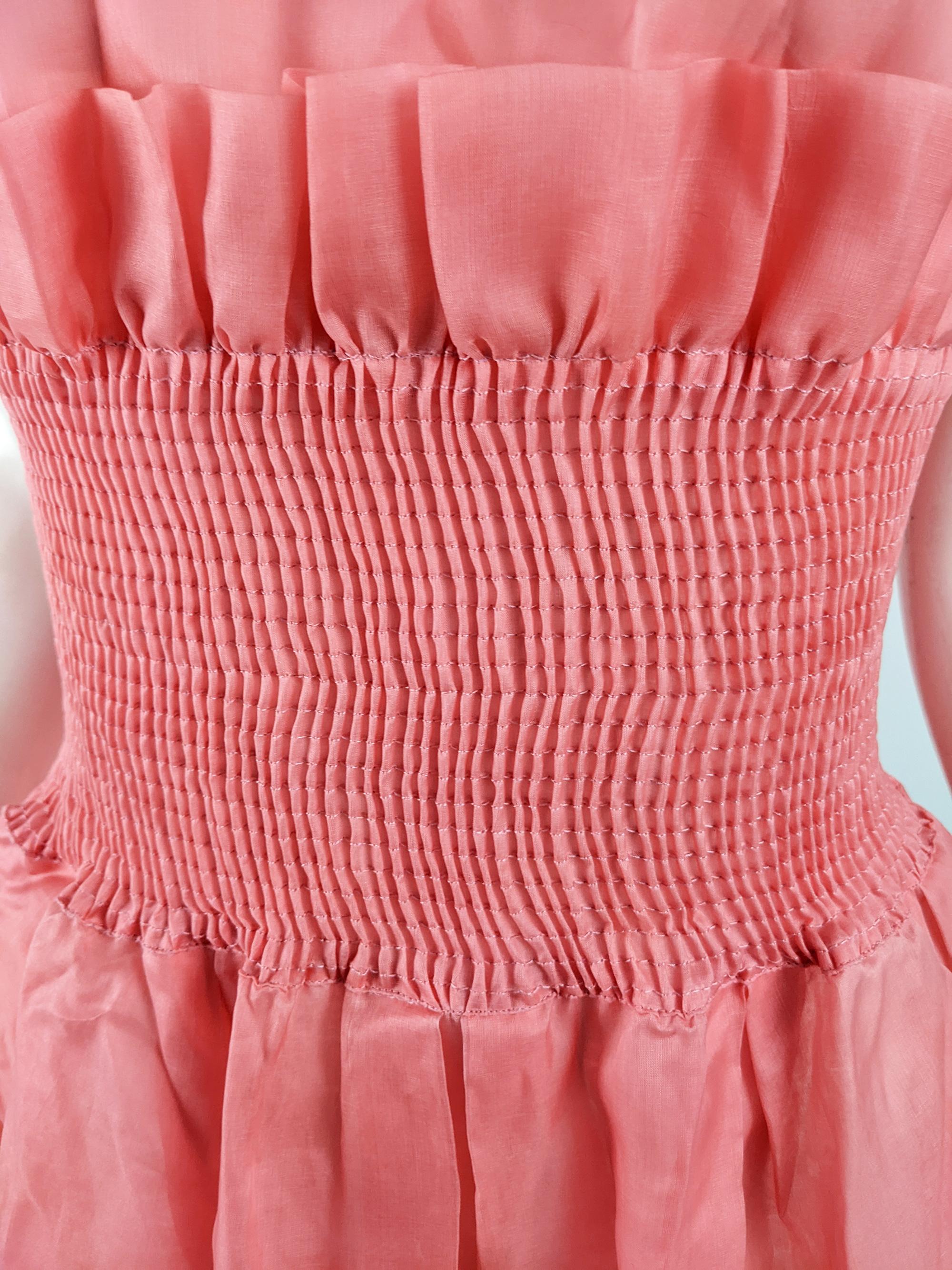 Emporio Armani Vintage Sheer Pink Silk Organza Smocked Party Evening Dress 1980s 1