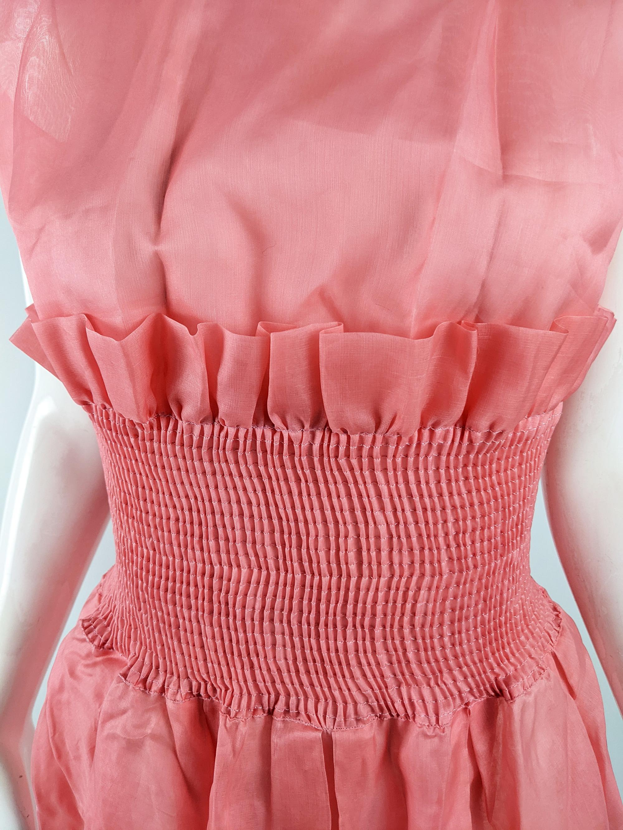 Emporio Armani Vintage Sheer Pink Silk Organza Smocked Party Evening Dress 1980s For Sale 2