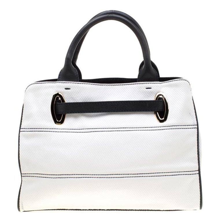 Emporio Armani White Blue Coated Canvas And Leather Tote