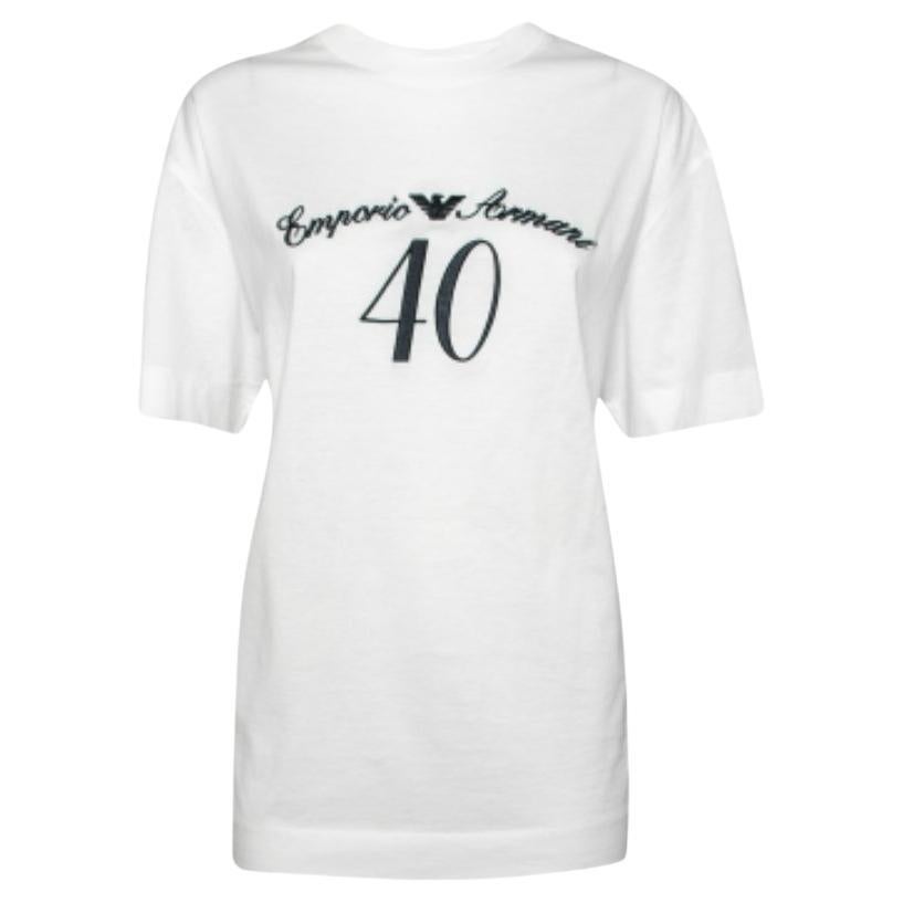 Emporio Armani White Cotton Logo Embroidered Crew Neck Top XL For Sale