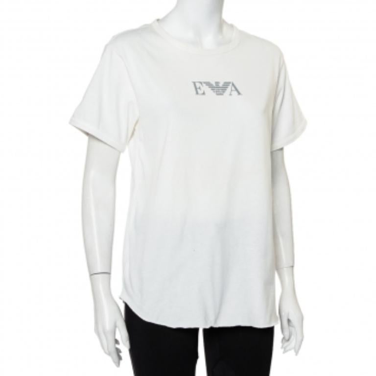 Emporio Armani White Cotton Logo Printed Crewneck T-Shirt L In Good Condition For Sale In Dubai, Al Qouz 2