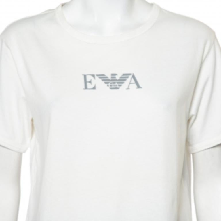 Emporio Armani White Cotton Logo Printed Crewneck T-Shirt L For Sale 1