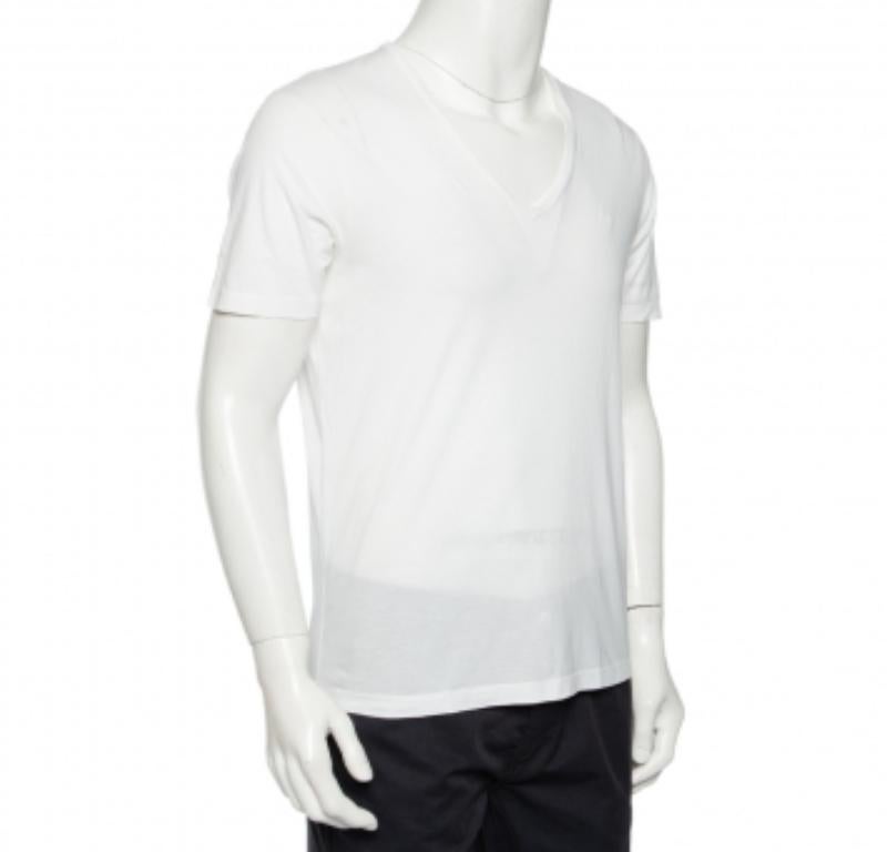 Emporio Armani - T-shirt col V en coton brodé de logo blanc S Bon état à Dubai, Al Qouz 2