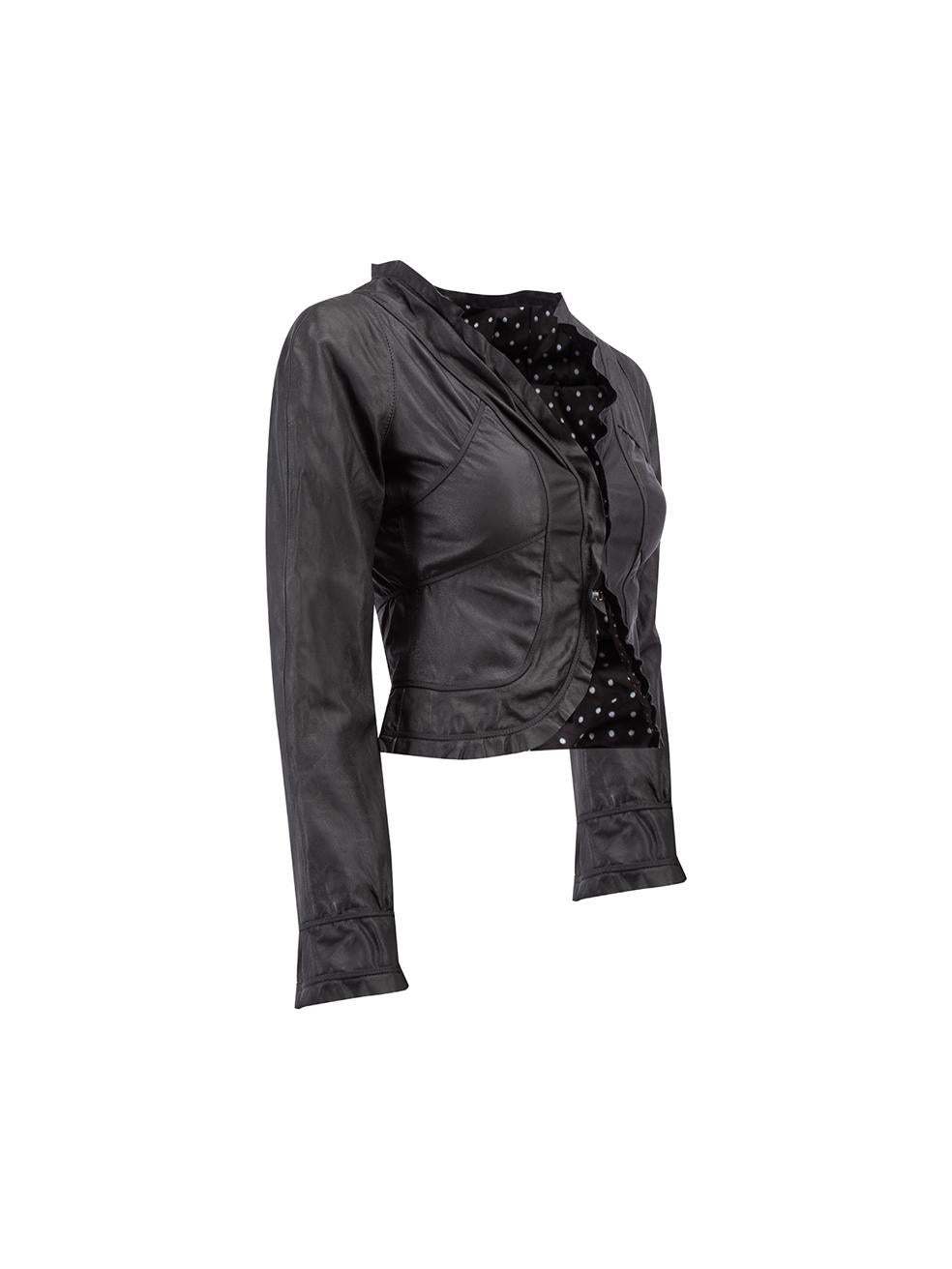 CONDITION is Very good. Minimal wear to jacket is evident. Overall wear to the outer leather fabric on this used Emporio Armani designer resale item. 



Details


Black

Leather

Fitted jacket

Ruffles accent

Front hook and eye closure





Made