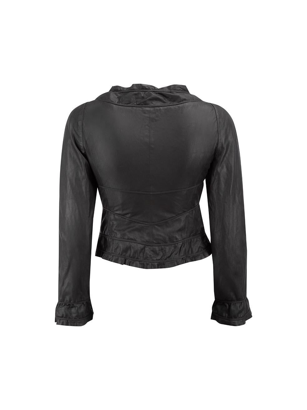 Emporio Armani Women's Black Leather Ruffles Accent Jacket In Good Condition For Sale In London, GB