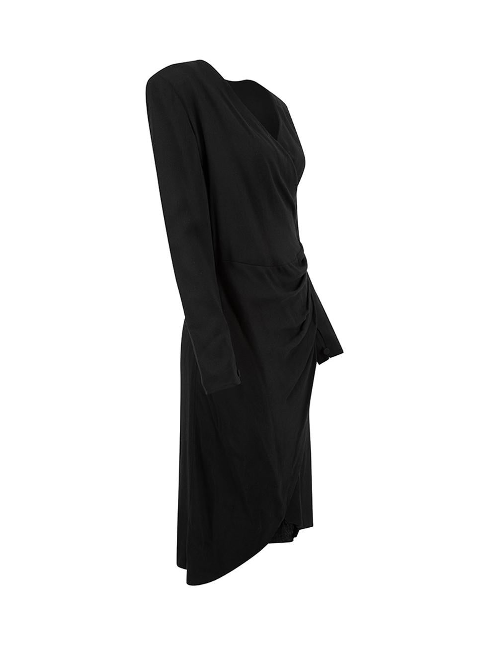 CONDITION is Very good. Minimal wear to dress is evident. Hemline is coming unstitched on this used Emporio Armani designer resale item.   Details  Black Viscose Knee length dress V neckline Shoulder padded Buttoned cuff Front button accent wrap
